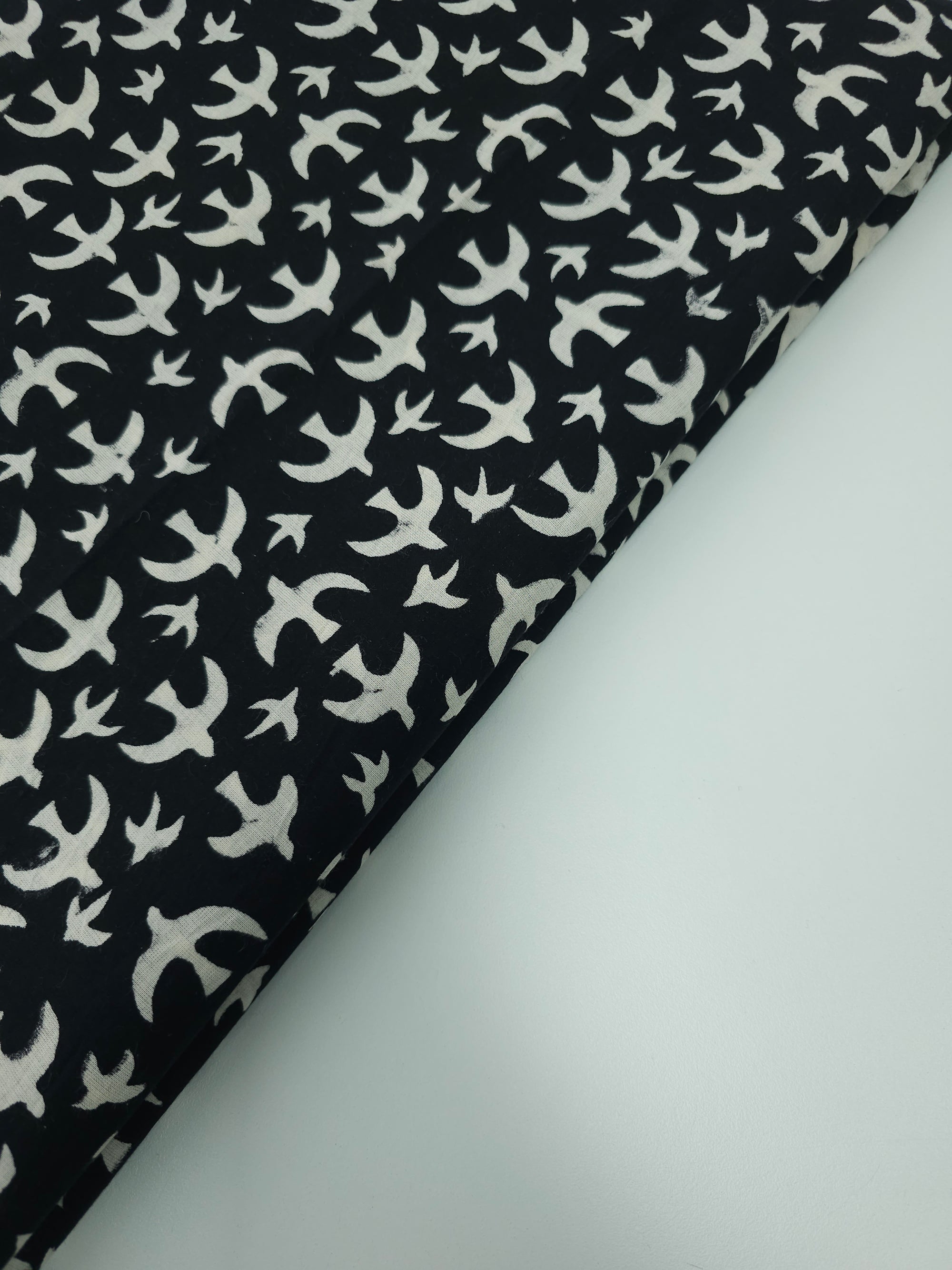 Black Swallow Bird Block Print Cotton