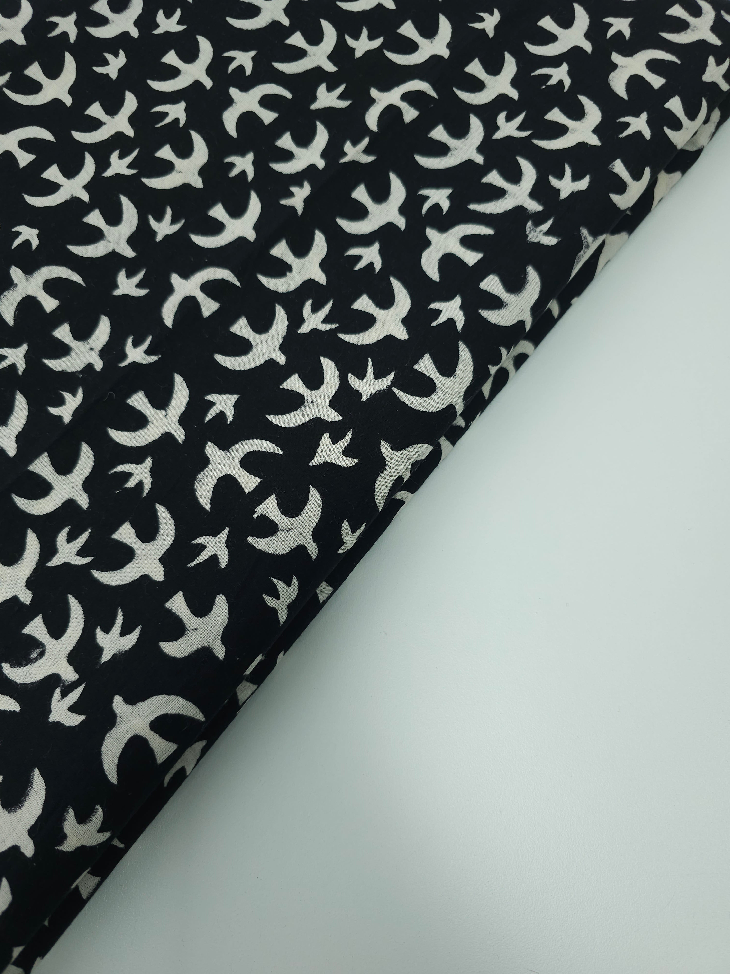 Black Swallow Bird Block Print Cotton