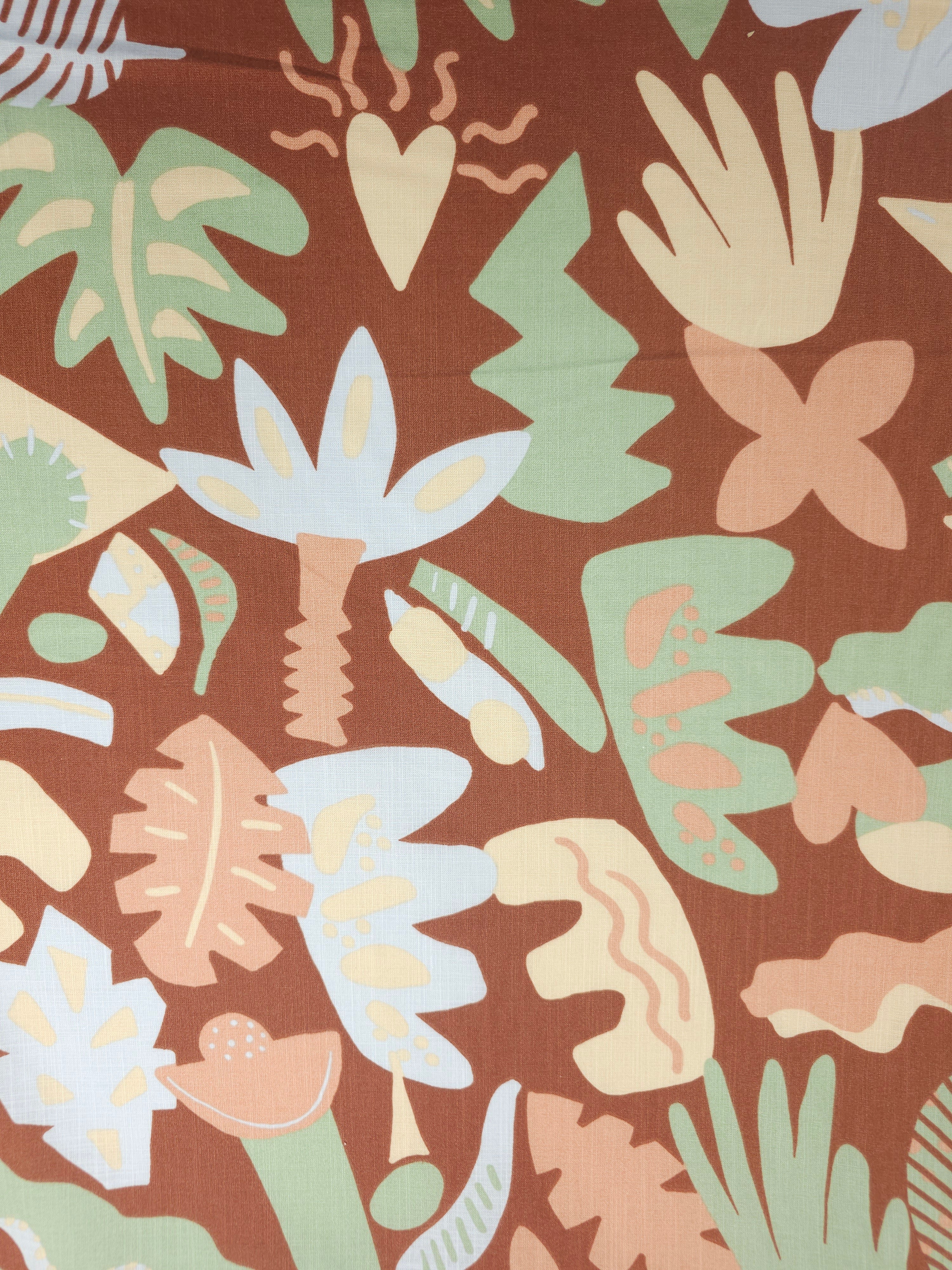 Warm Brown Doodle Palm Leaf Flax Cotton *DEFECT*