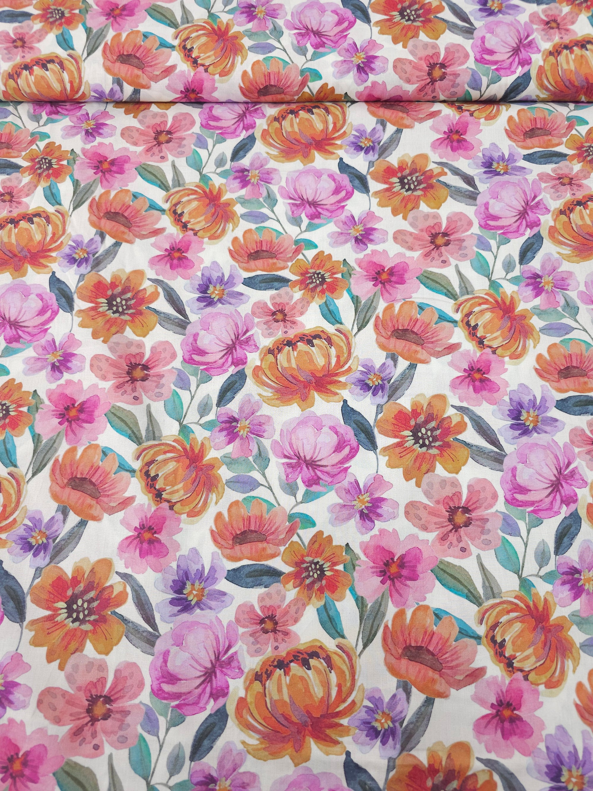Summer Watercolour Florals On Ivory Fine Cotton Poplin 57"