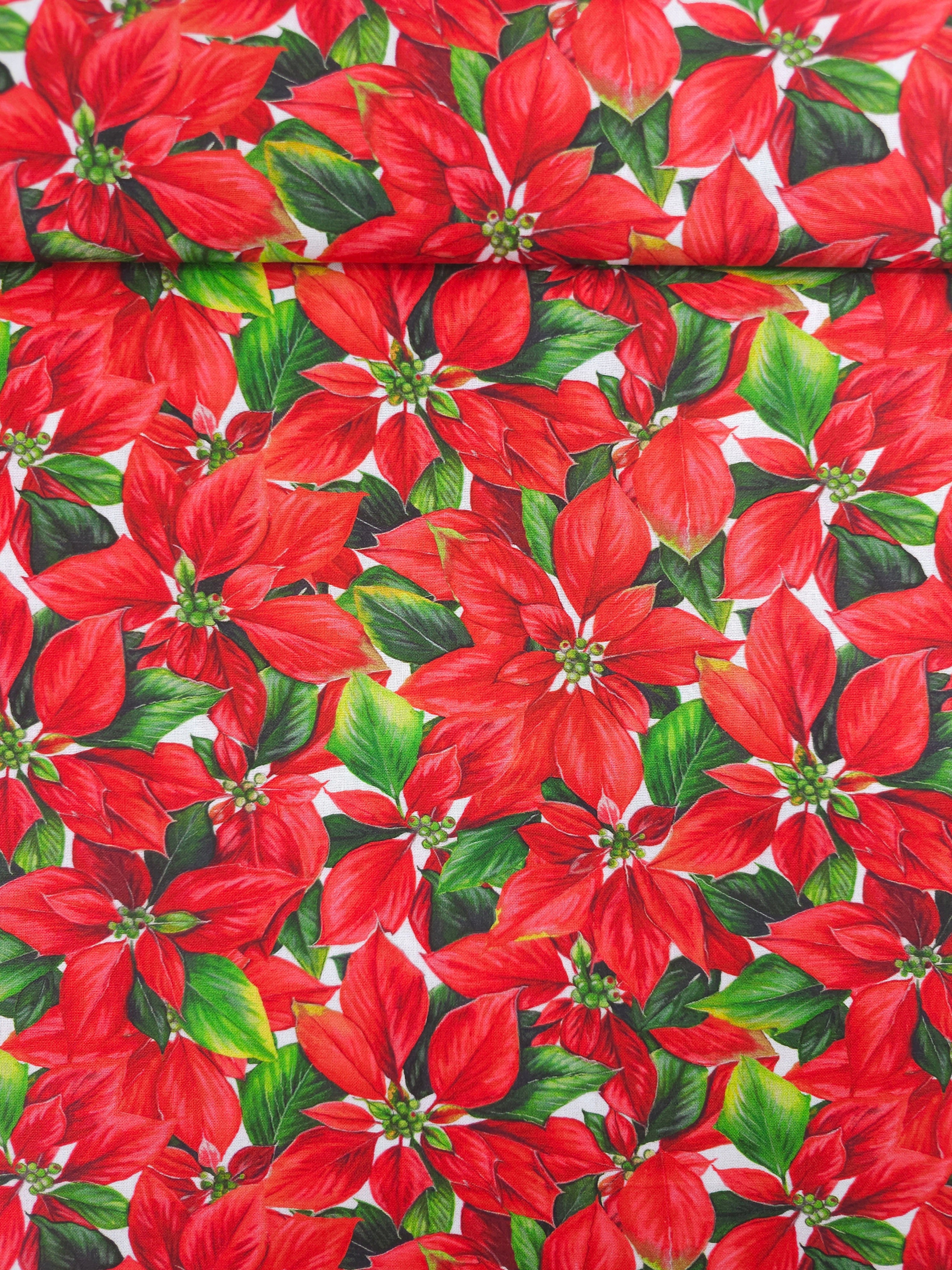 Red Poinsettia Floral 100% Cotton