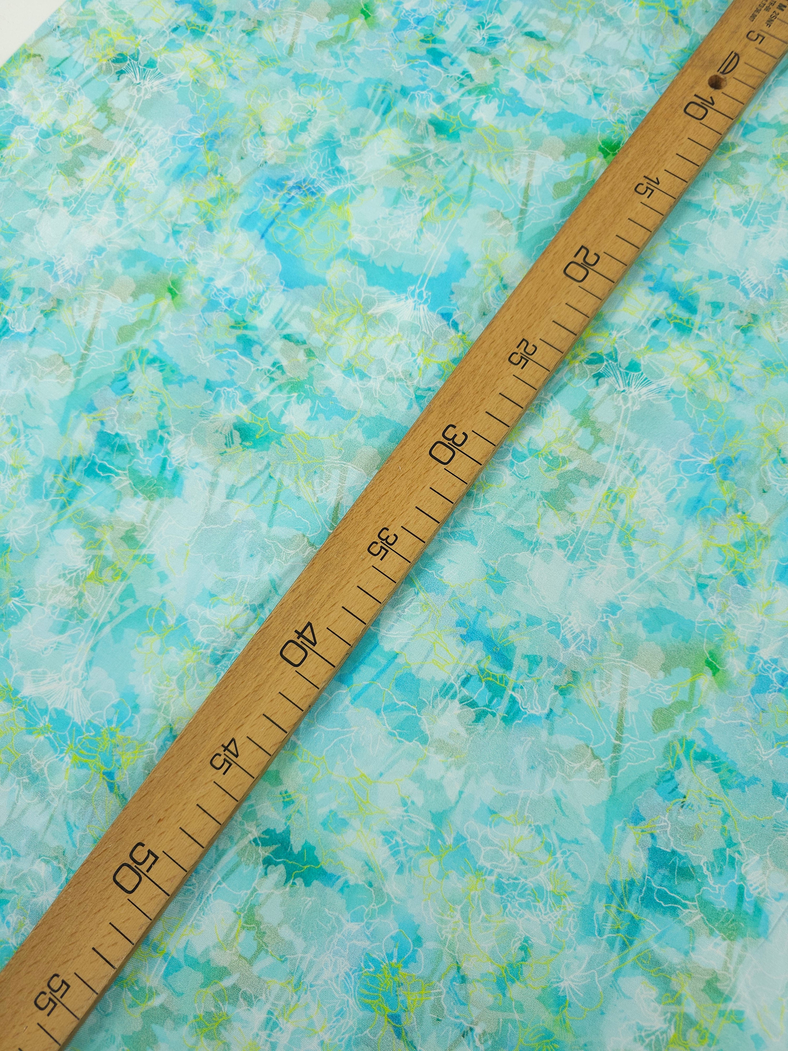 Light Blue/Lime Sketch Floral 100% Cotton - Robert Kaufman