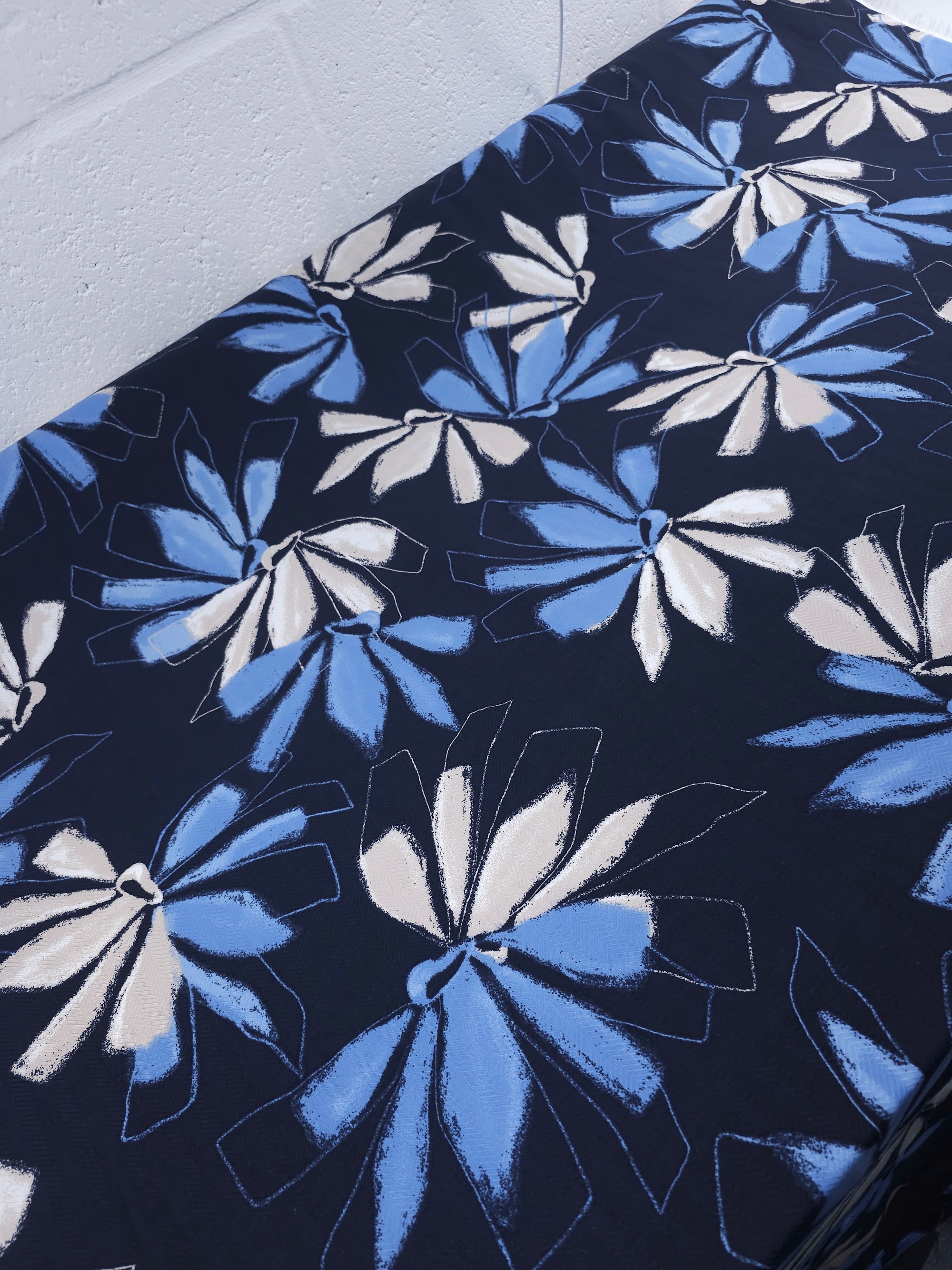 Navy Abstract Floral Herringbone Cupro Viscose