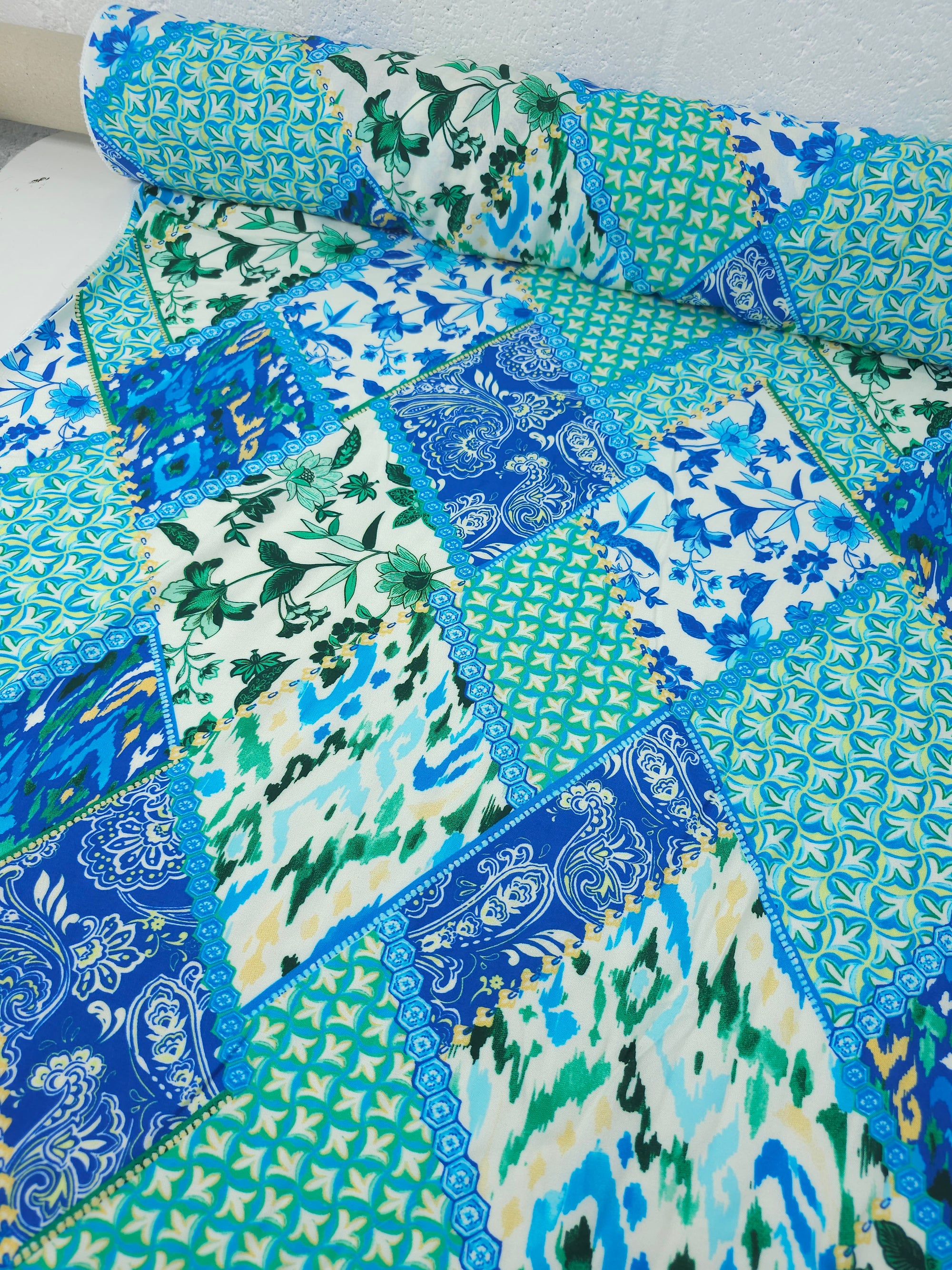 Blue/Green Diamond Tile Viscose Challis