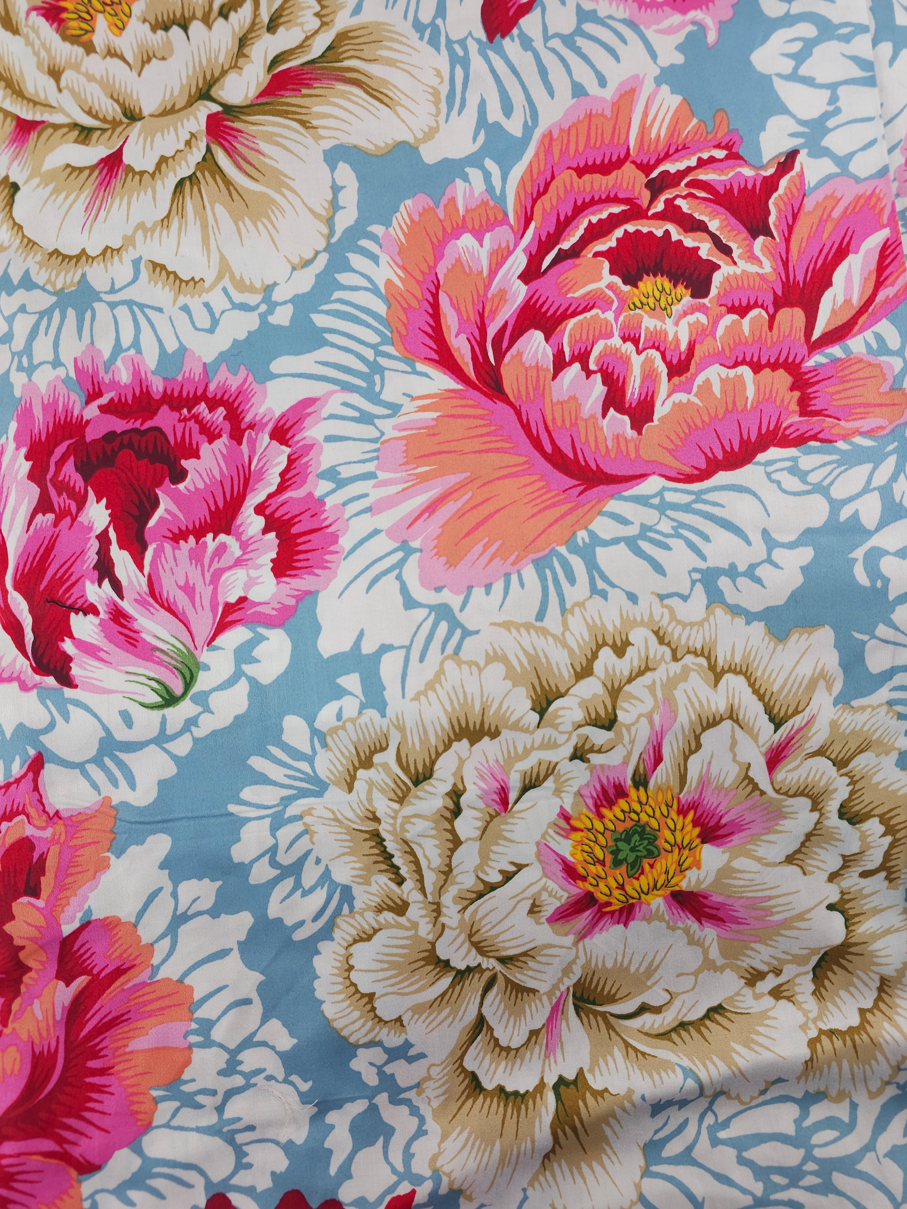 Blue pink flora Cotton sateen- 3.5m piece