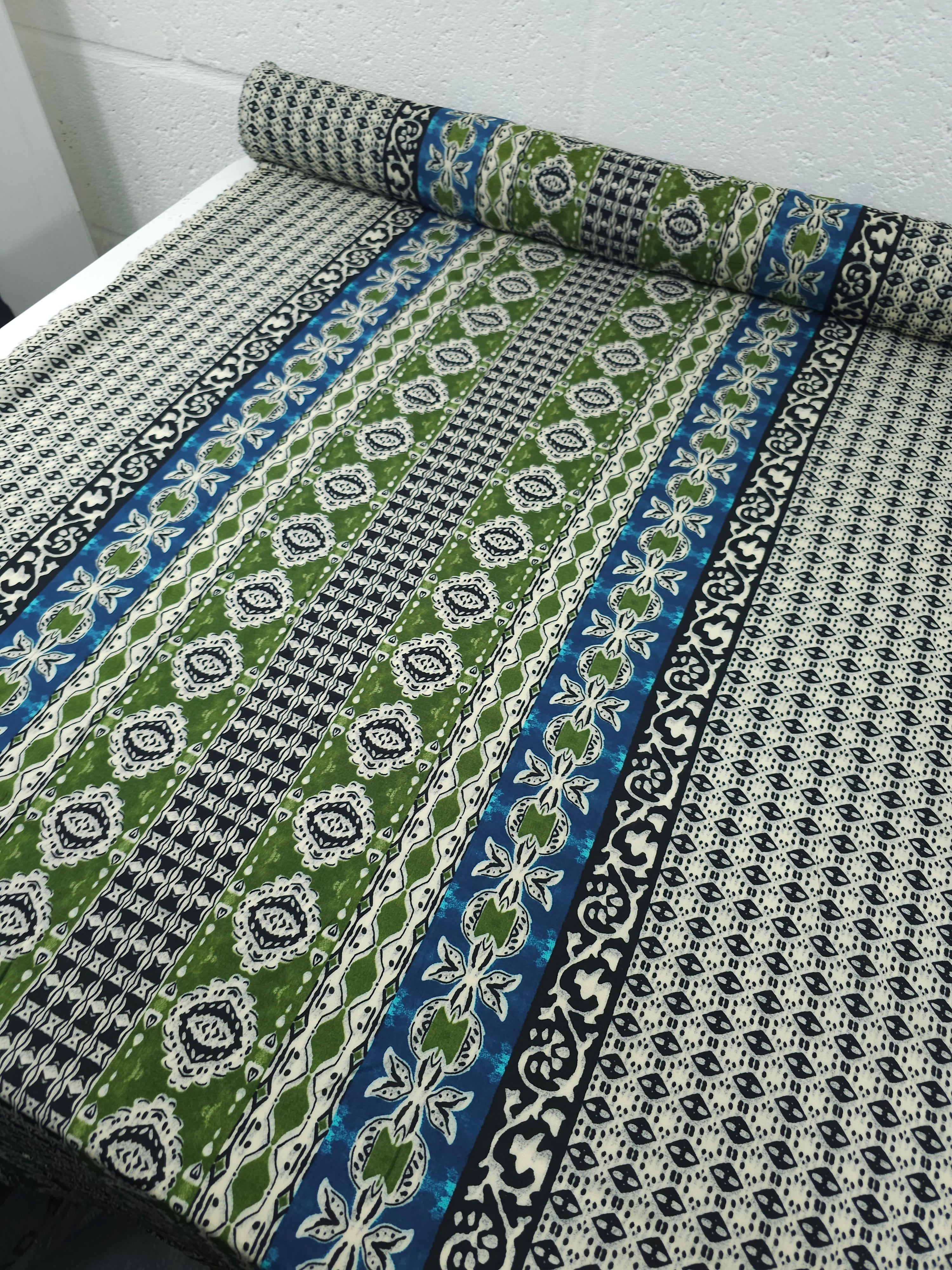 Green/Blue Boho Panel Stripe Viscose Challis