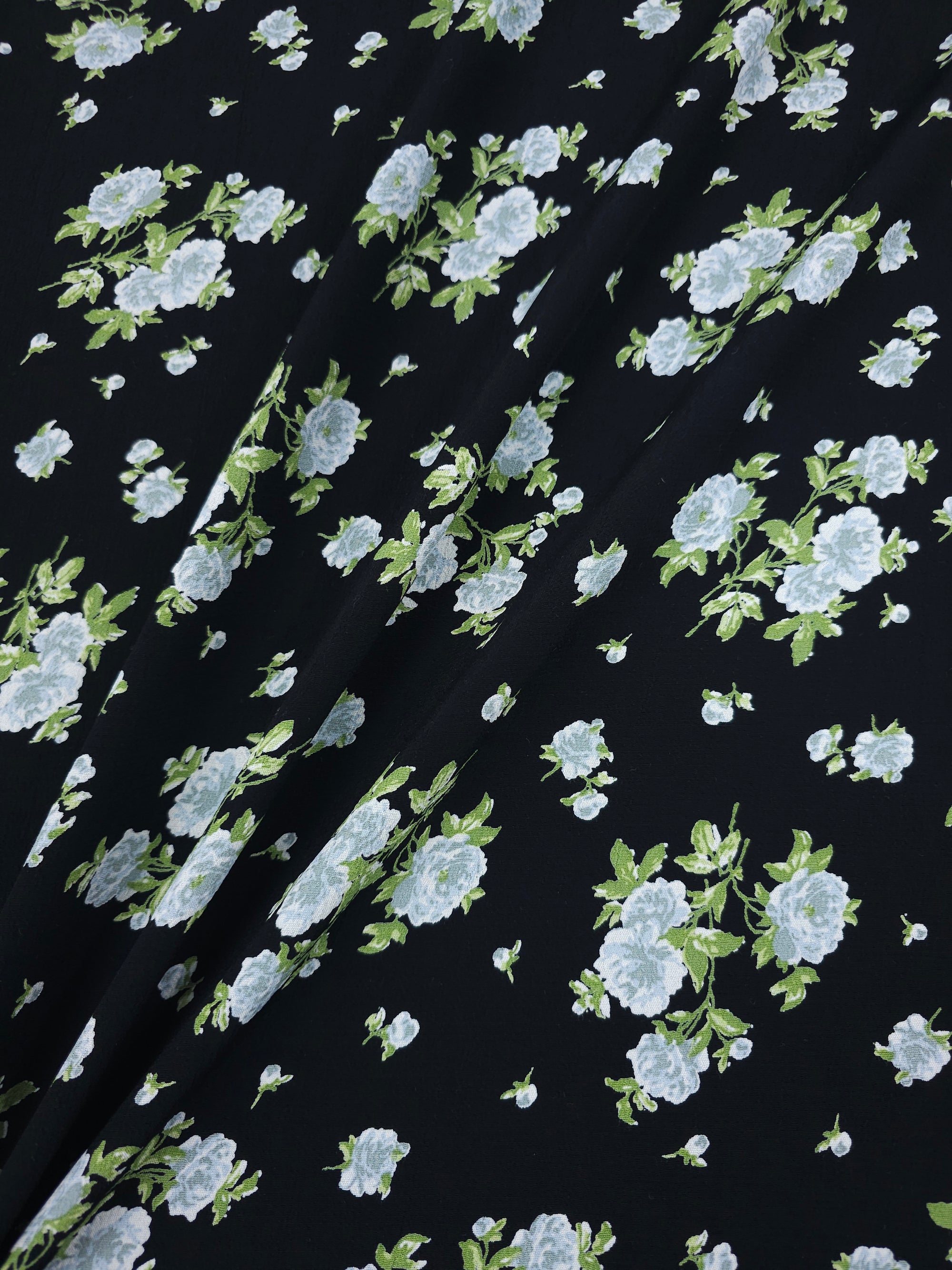 Light Blue/Black Floral Bouquet Viscose Crepe