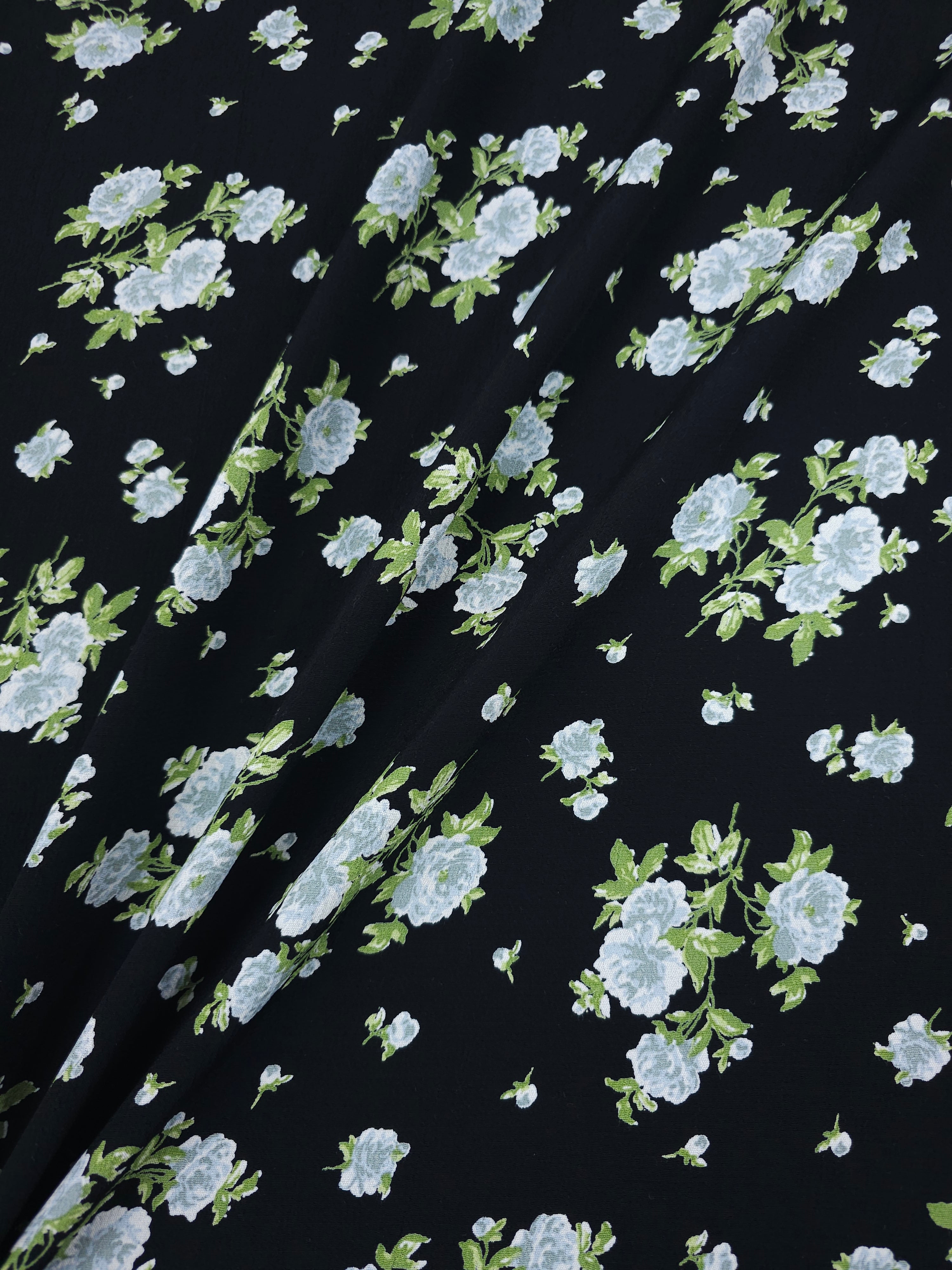 Light Blue/Black Floral Bouquet Viscose Crepe