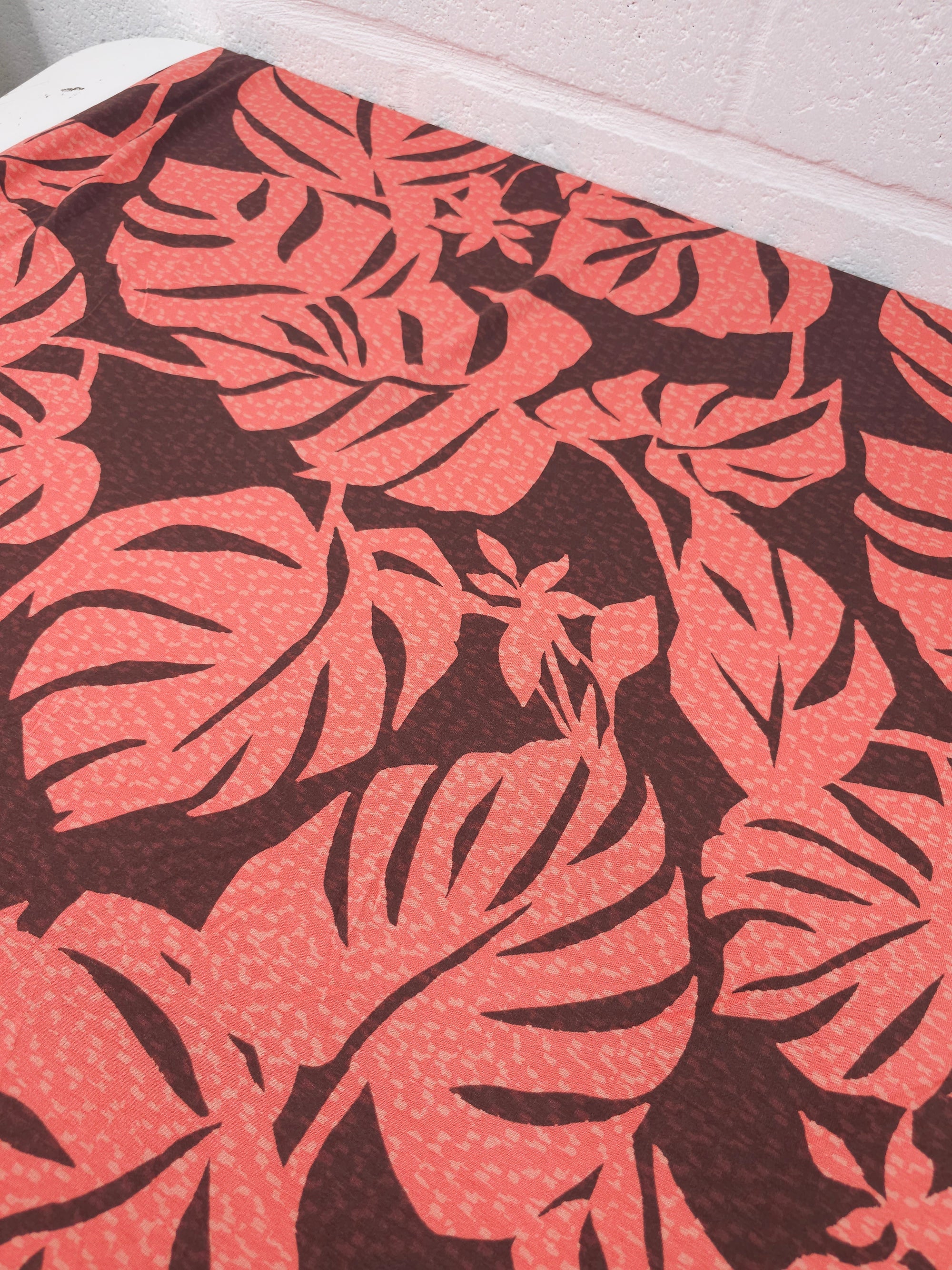 Coral/Brown Static Palm Leaf Viscose Jersey