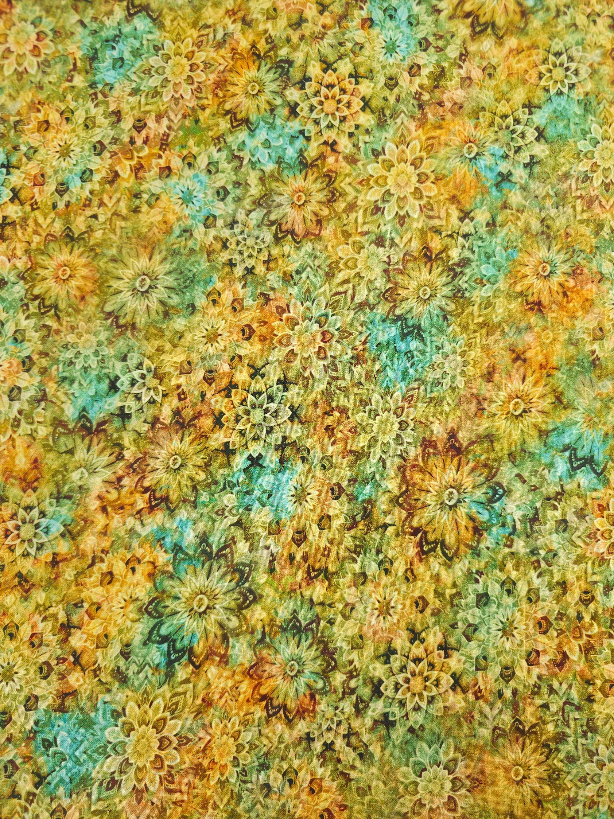 Marigold/Turquoise Dancing Dahlias Kaleidoscope 100% Cotton 108" *EXTRA WIDE*