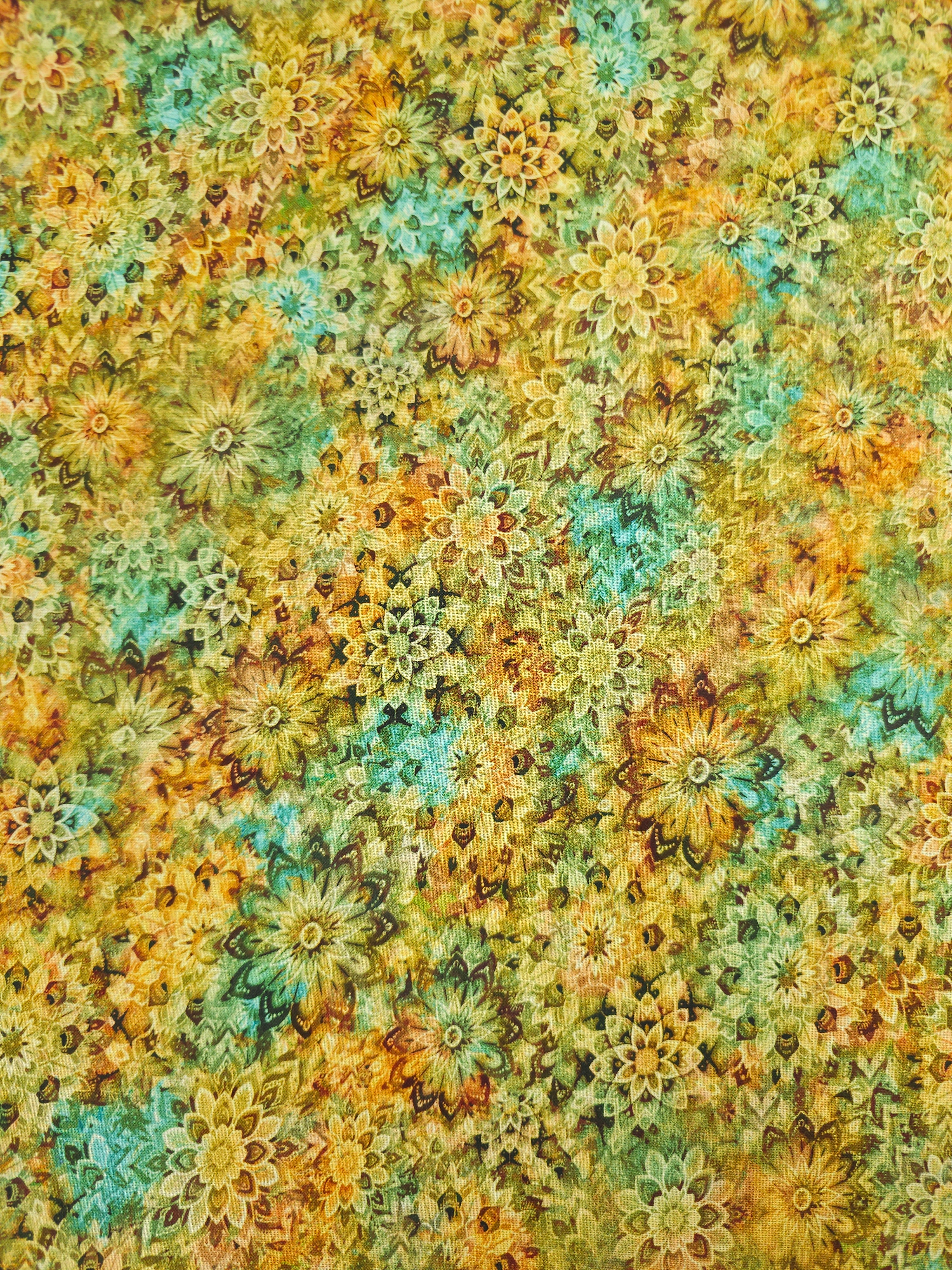 Marigold/Turquoise Dancing Dahlias Kaleidoscope 100% Cotton 108" *EXTRA WIDE*