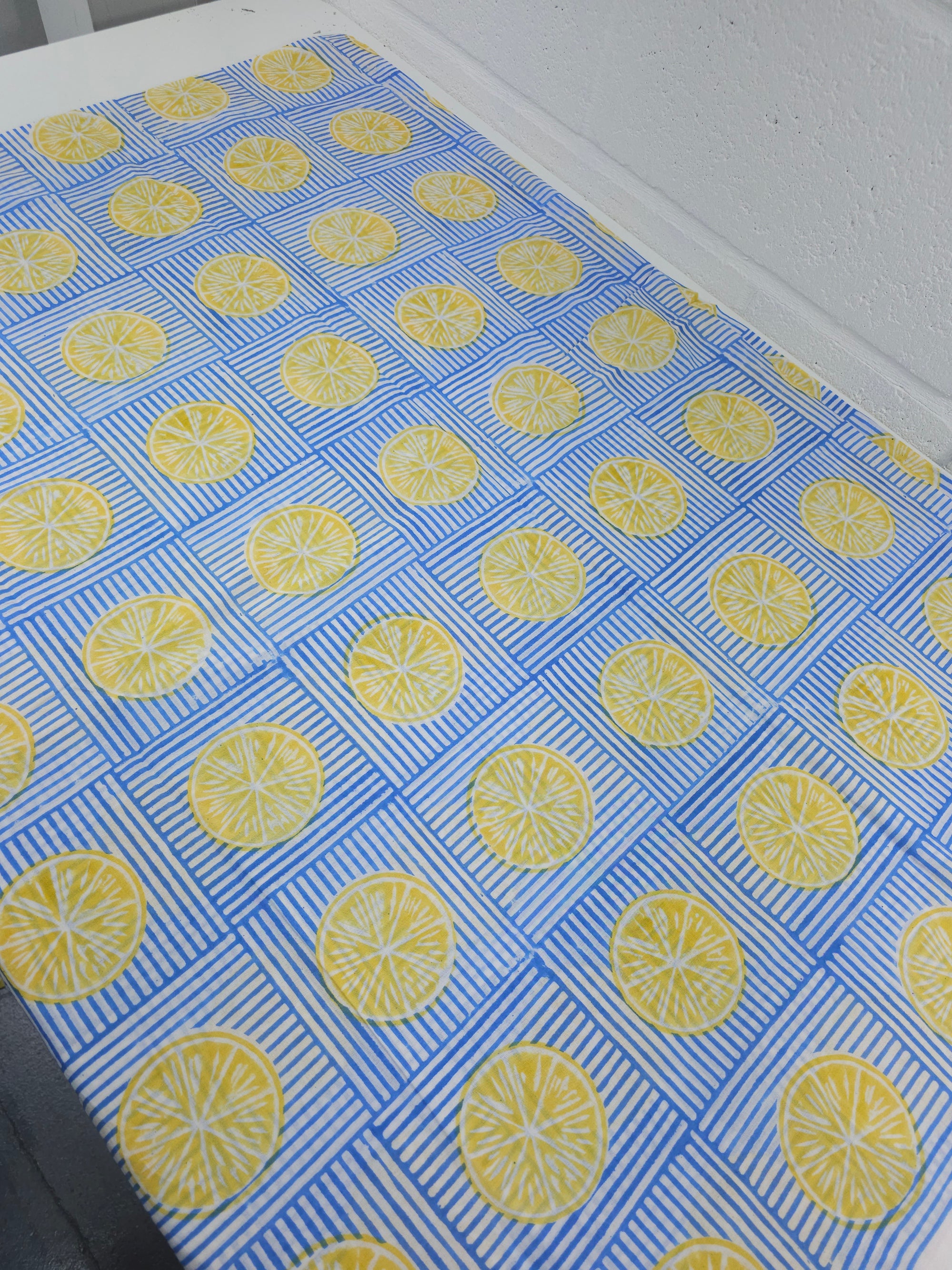 Lemon Stripe Tile Block Print Cotton