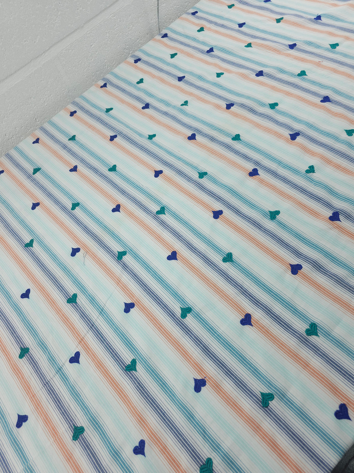 Blue/Teal Embroidered Heart Stripe Cotton