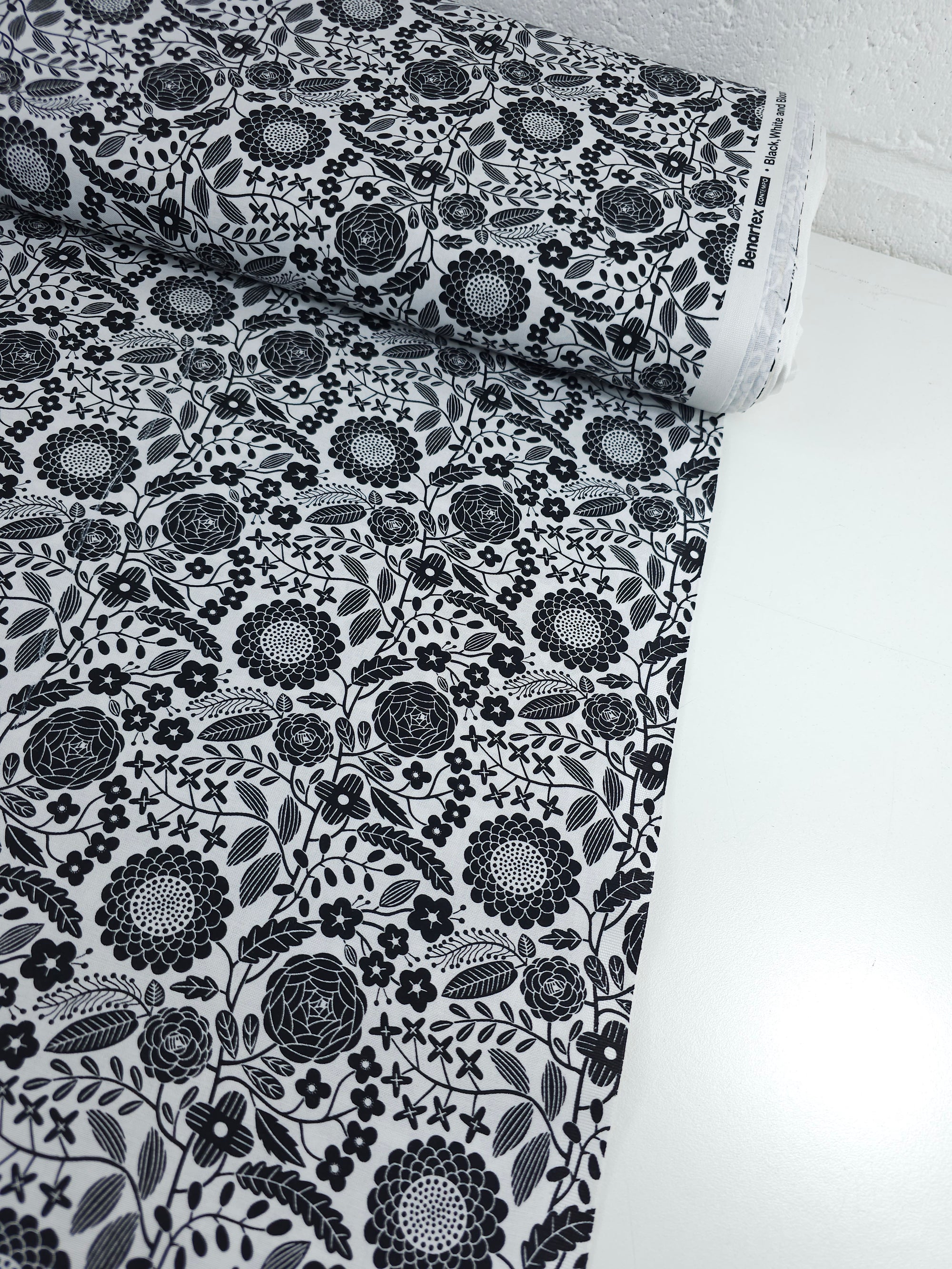 Black/White Floral Bloom 100% Cotton - Benartex *DEFECT*