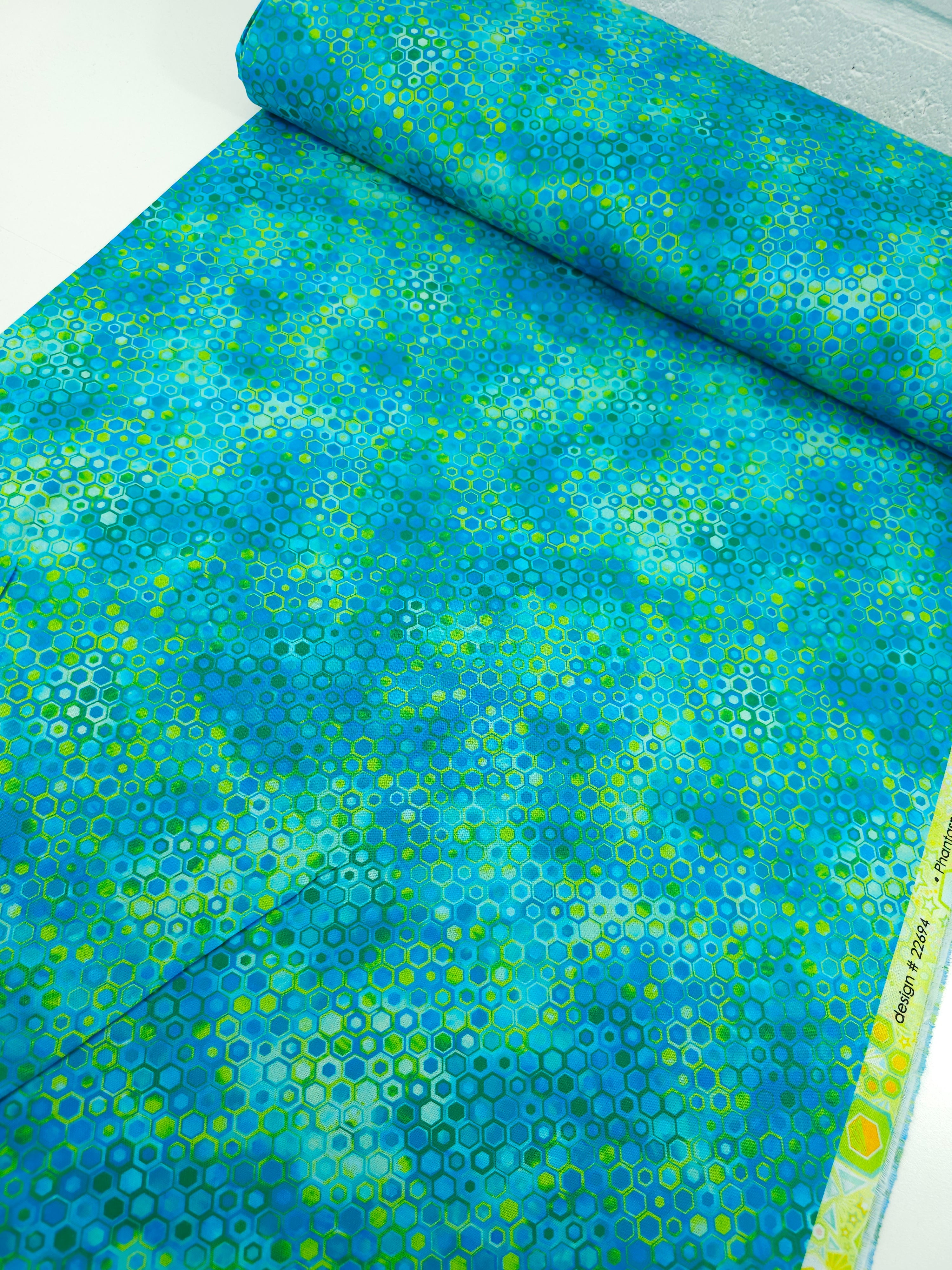 Blue/Lime Hexagon Phantasma 100% Cotton - Robert Kaufman