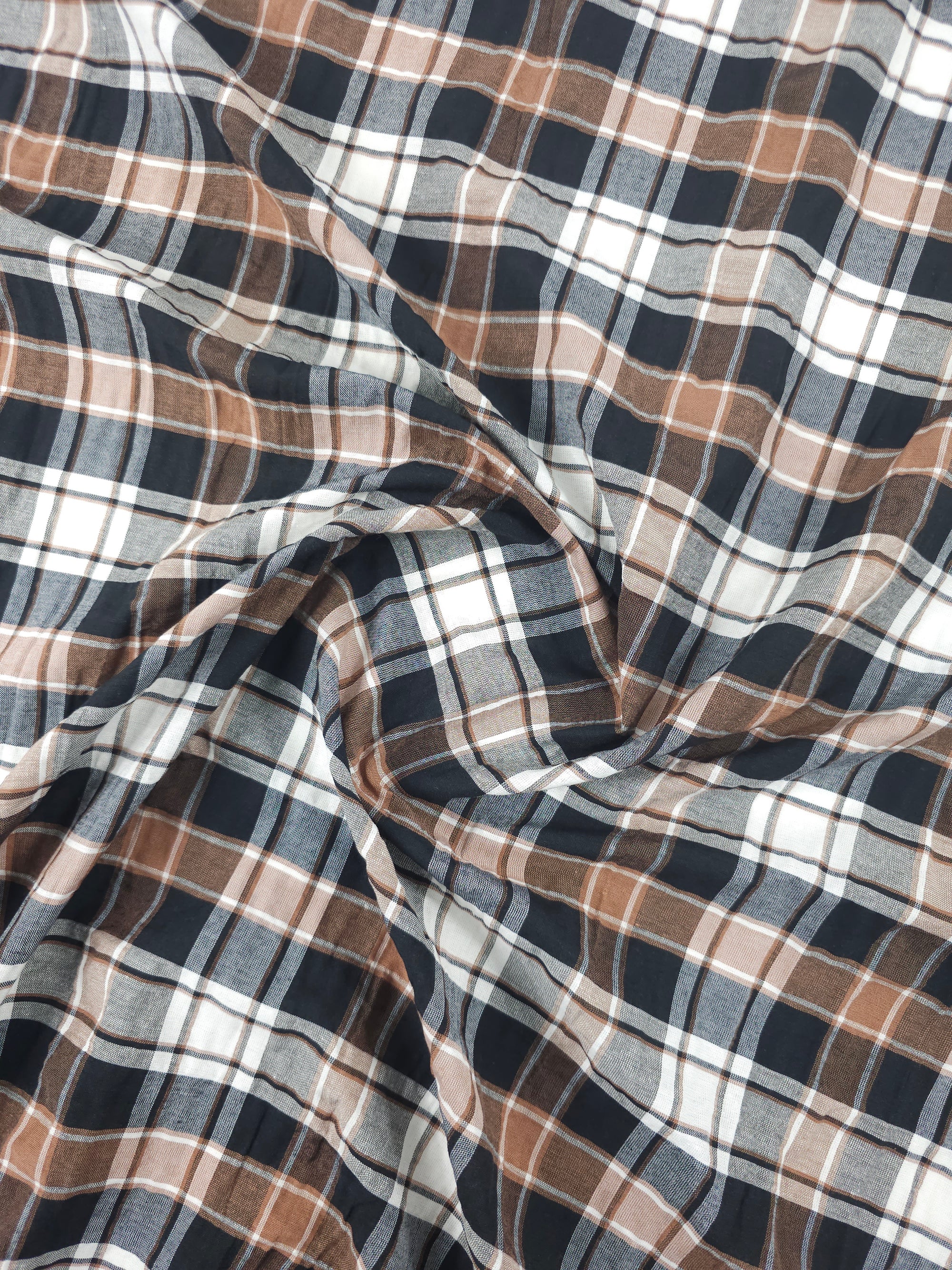Black/Brown Tartan Crinkle Cotton