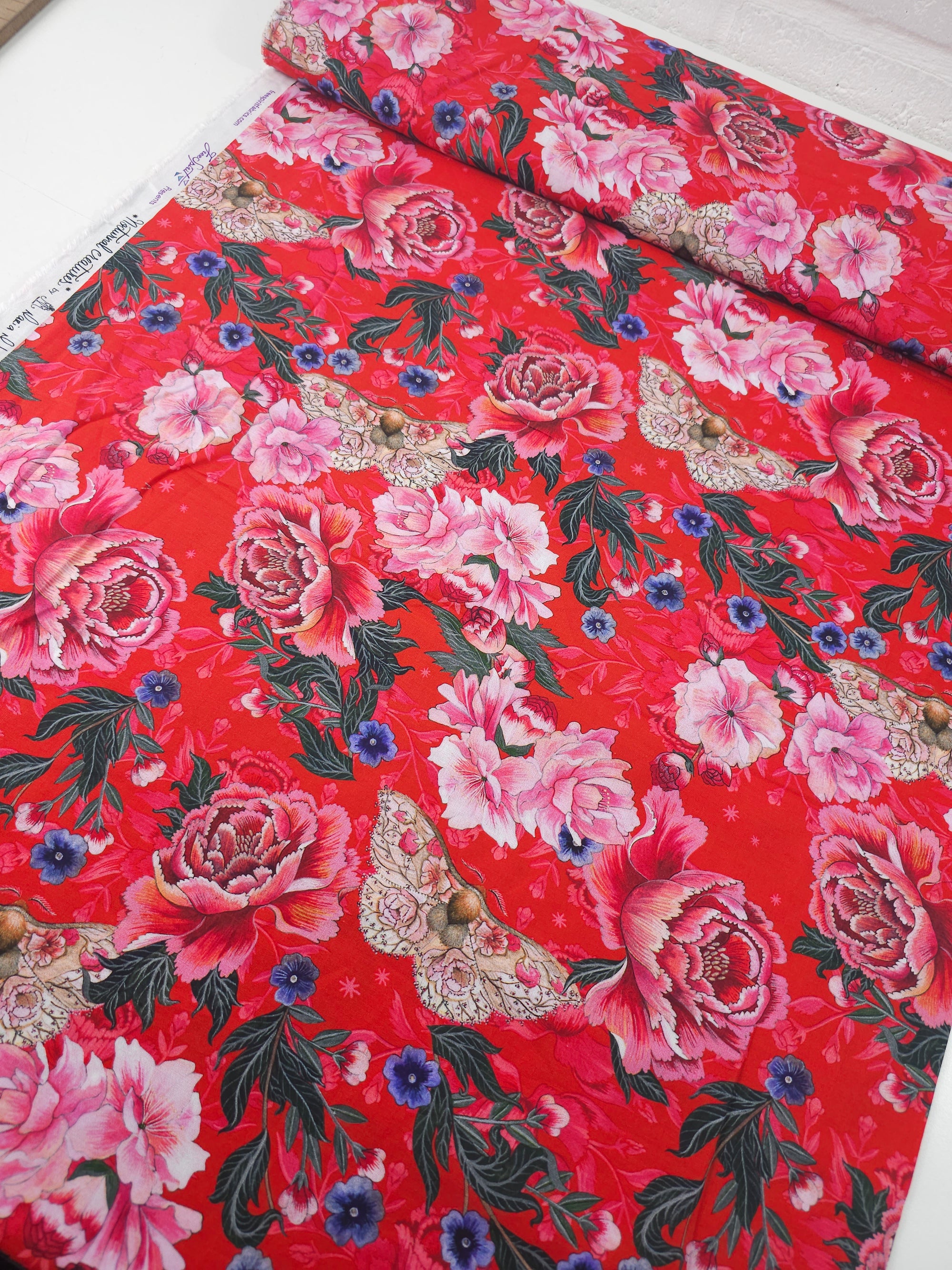 Pink/Red Floral Blossom Moth 100% Cotton - Free Spirit