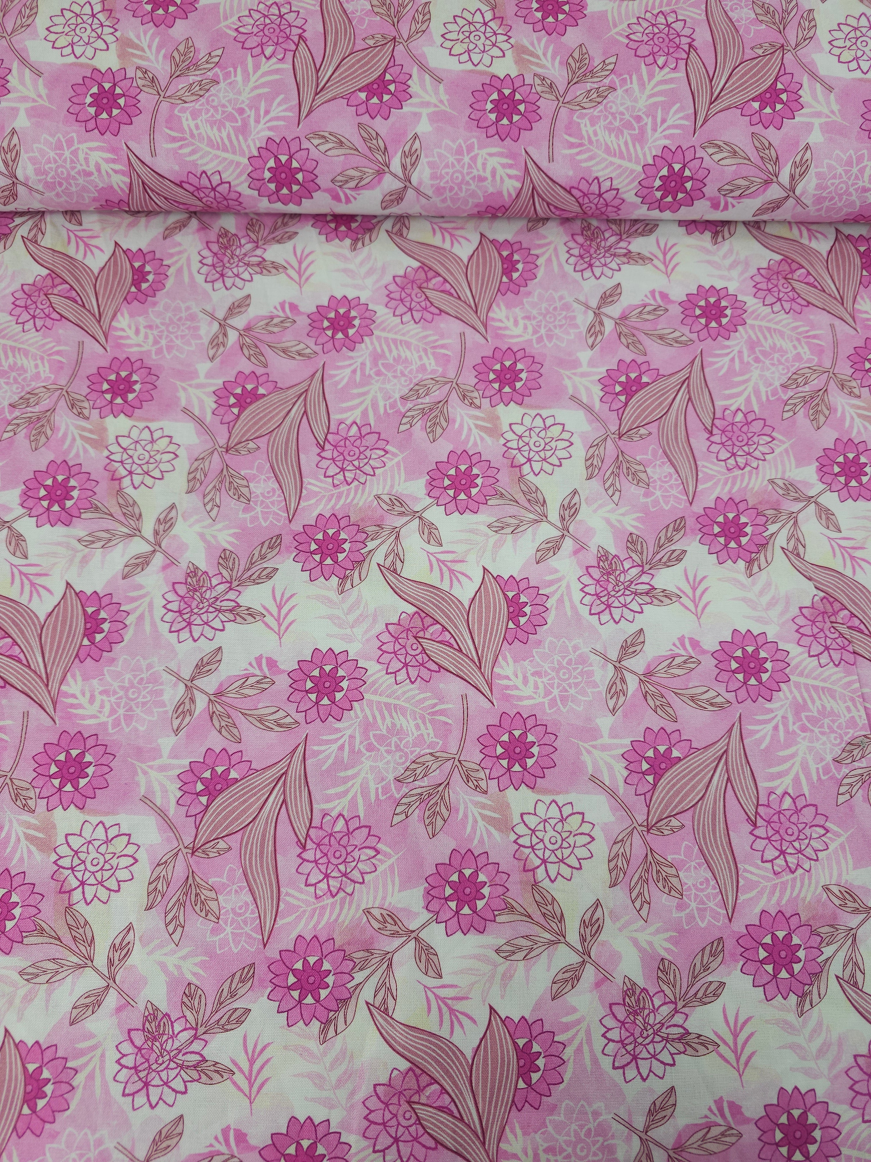 Pink Puff Leaf Floral 100% Cotton