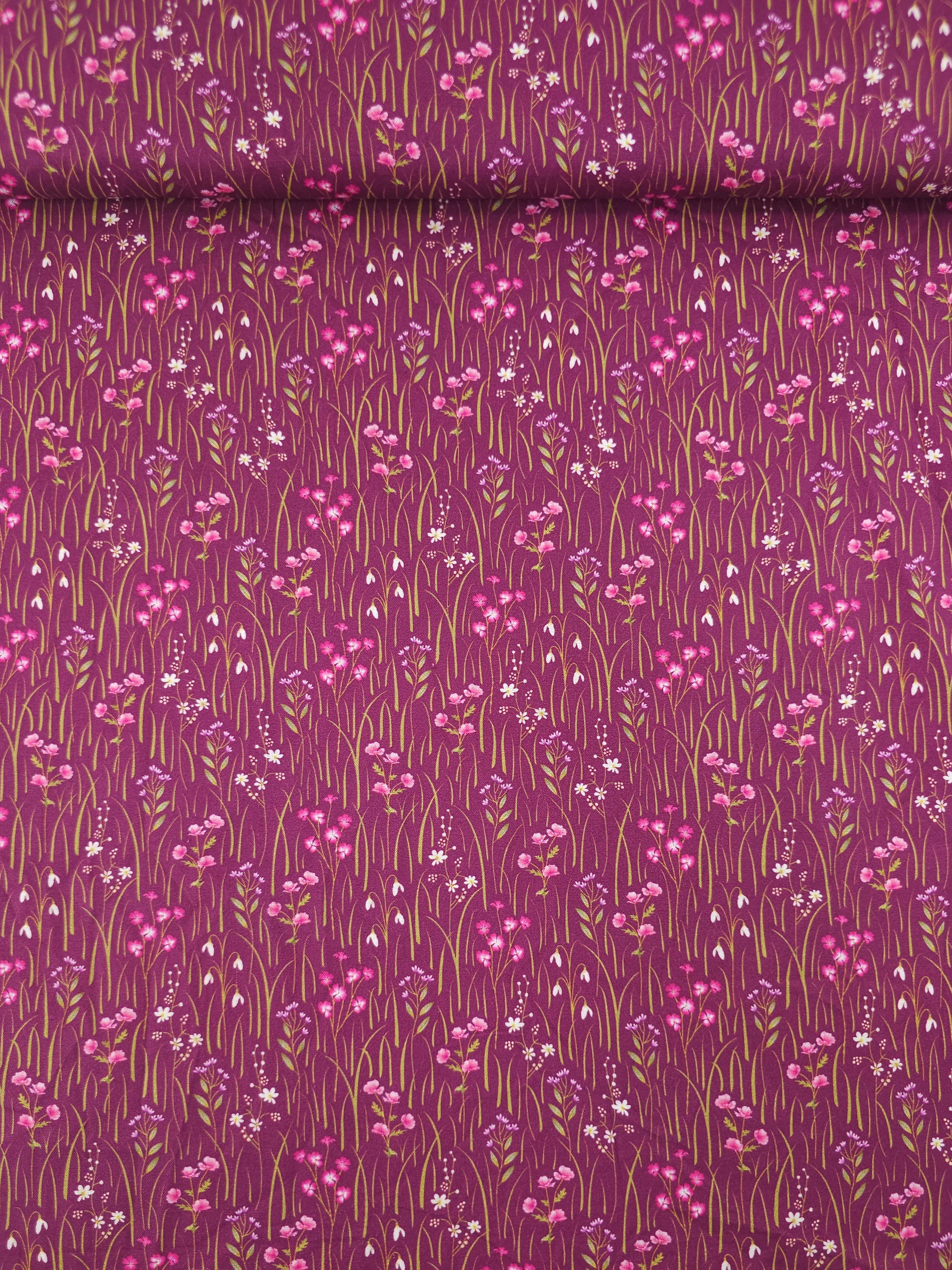 Plum Floral Stem Meadow 100% Cotton