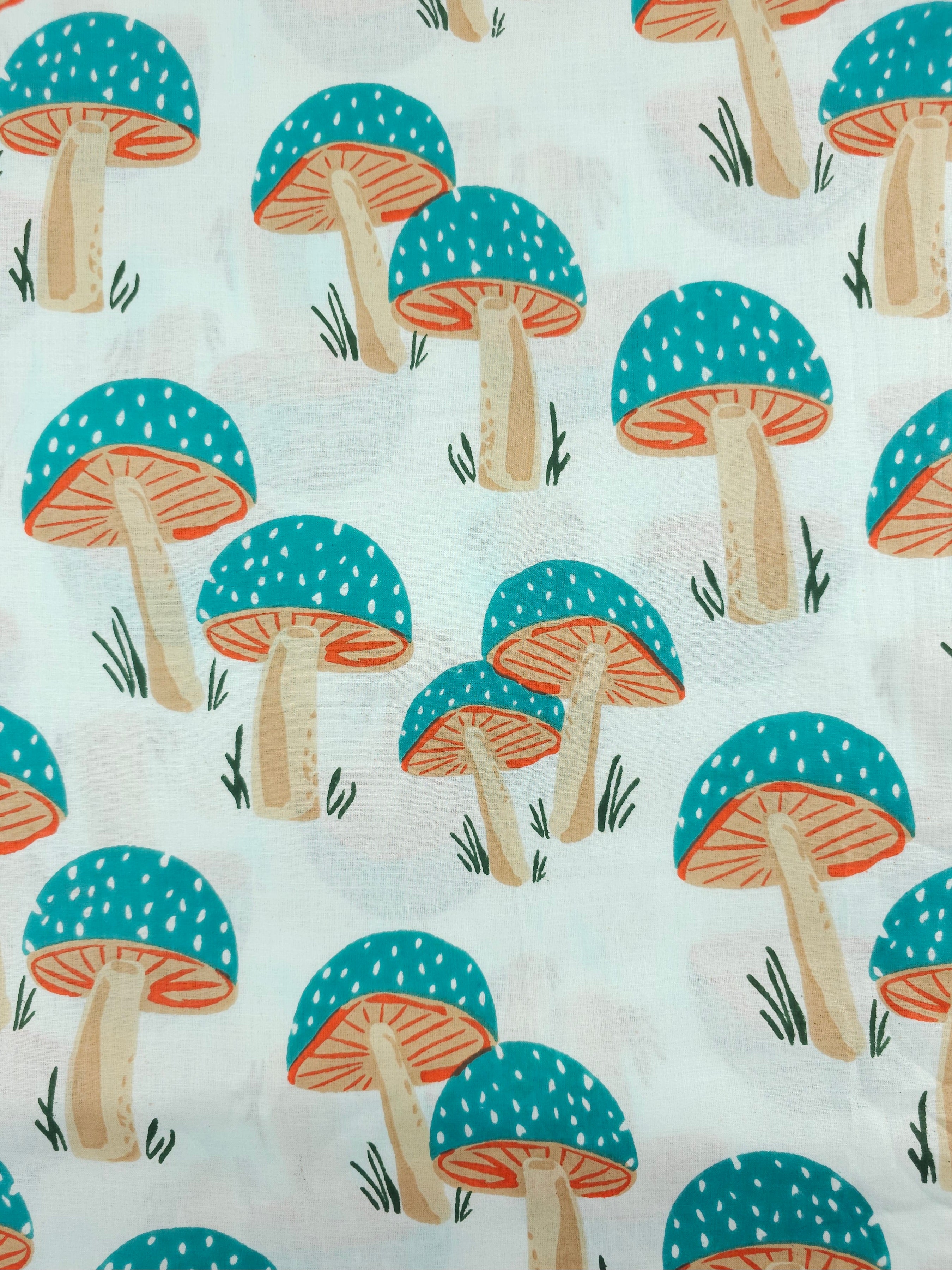 Light Teal Mushroom Block Print Cotton