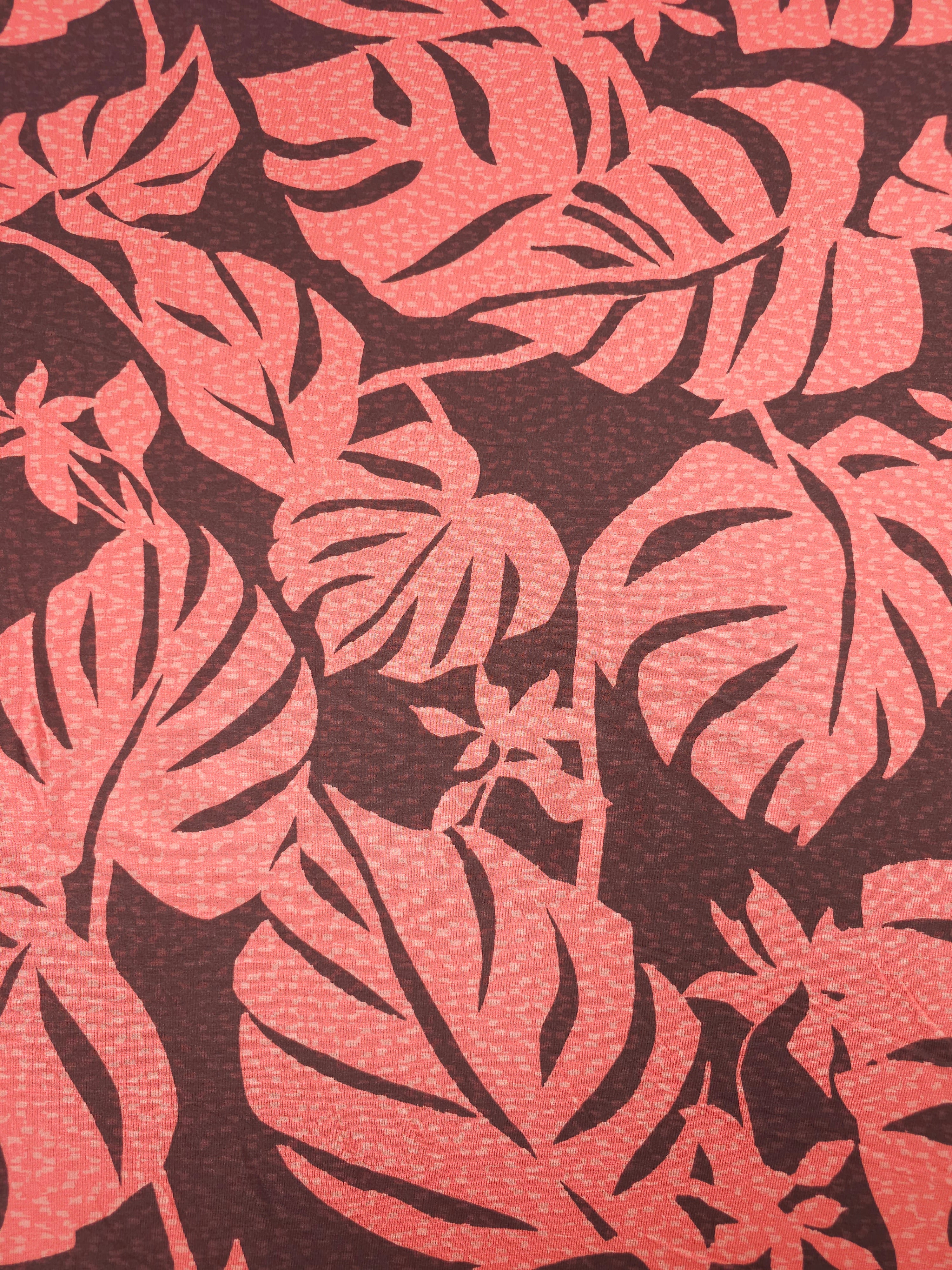 Coral/Brown Static Palm Leaf Viscose Jersey