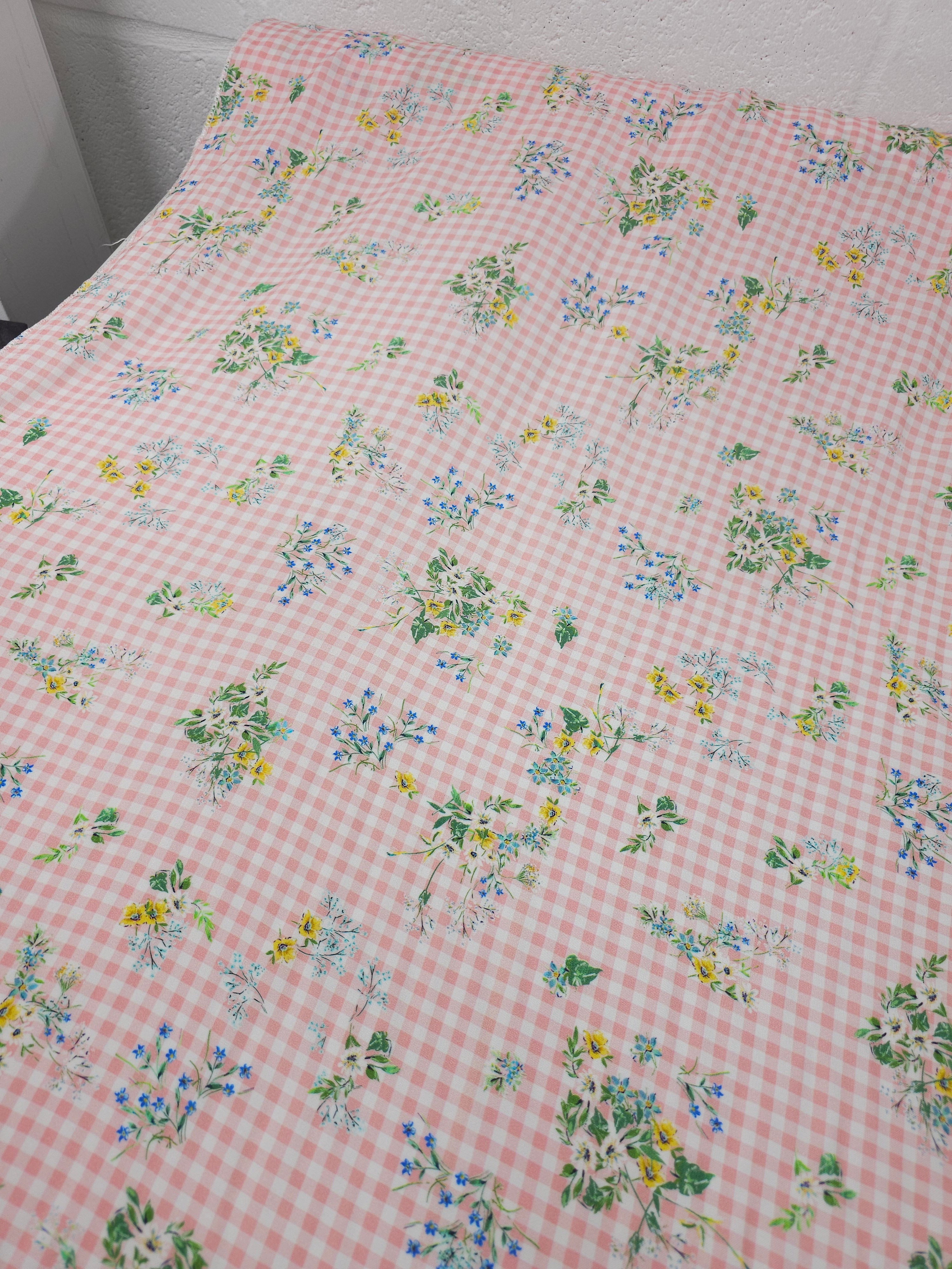 Light Pink Floral Bunch Gingham Viscose Challis