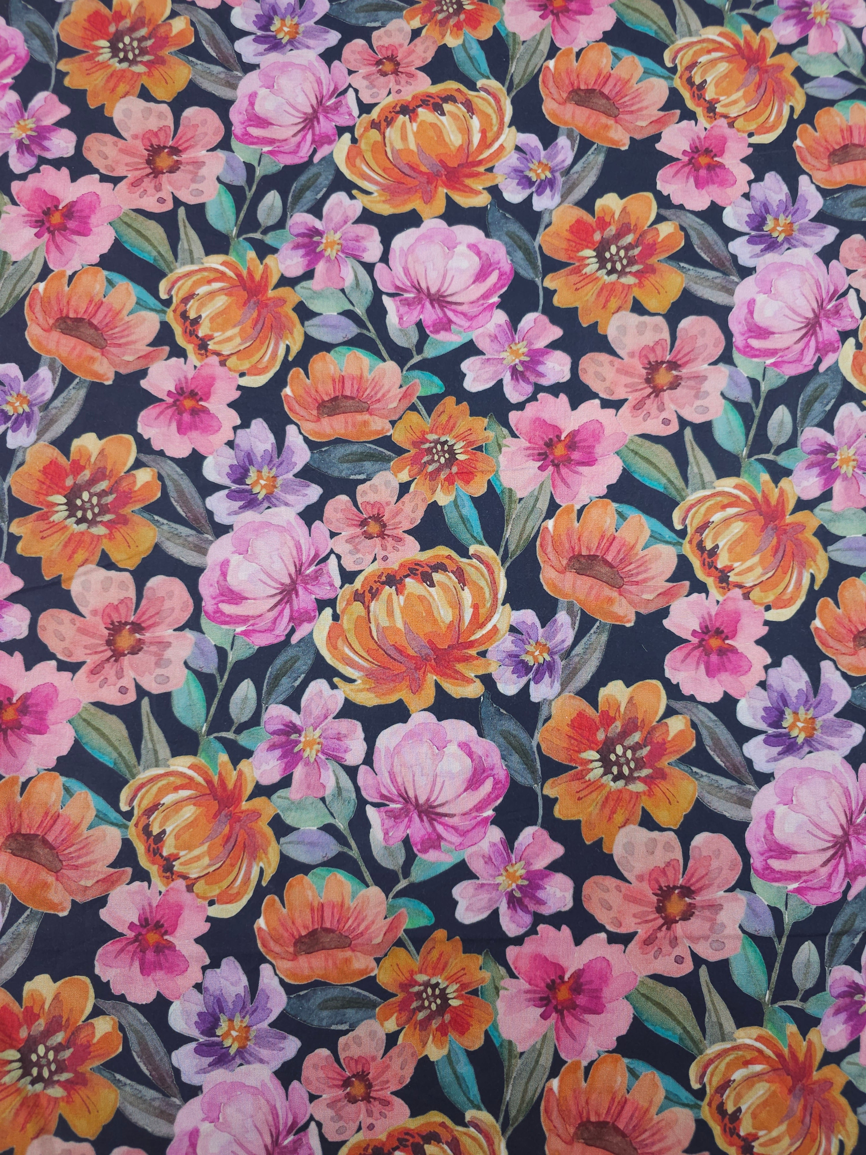 Summer Watercolour Florals On Teal Fine Cotton Poplin 57"