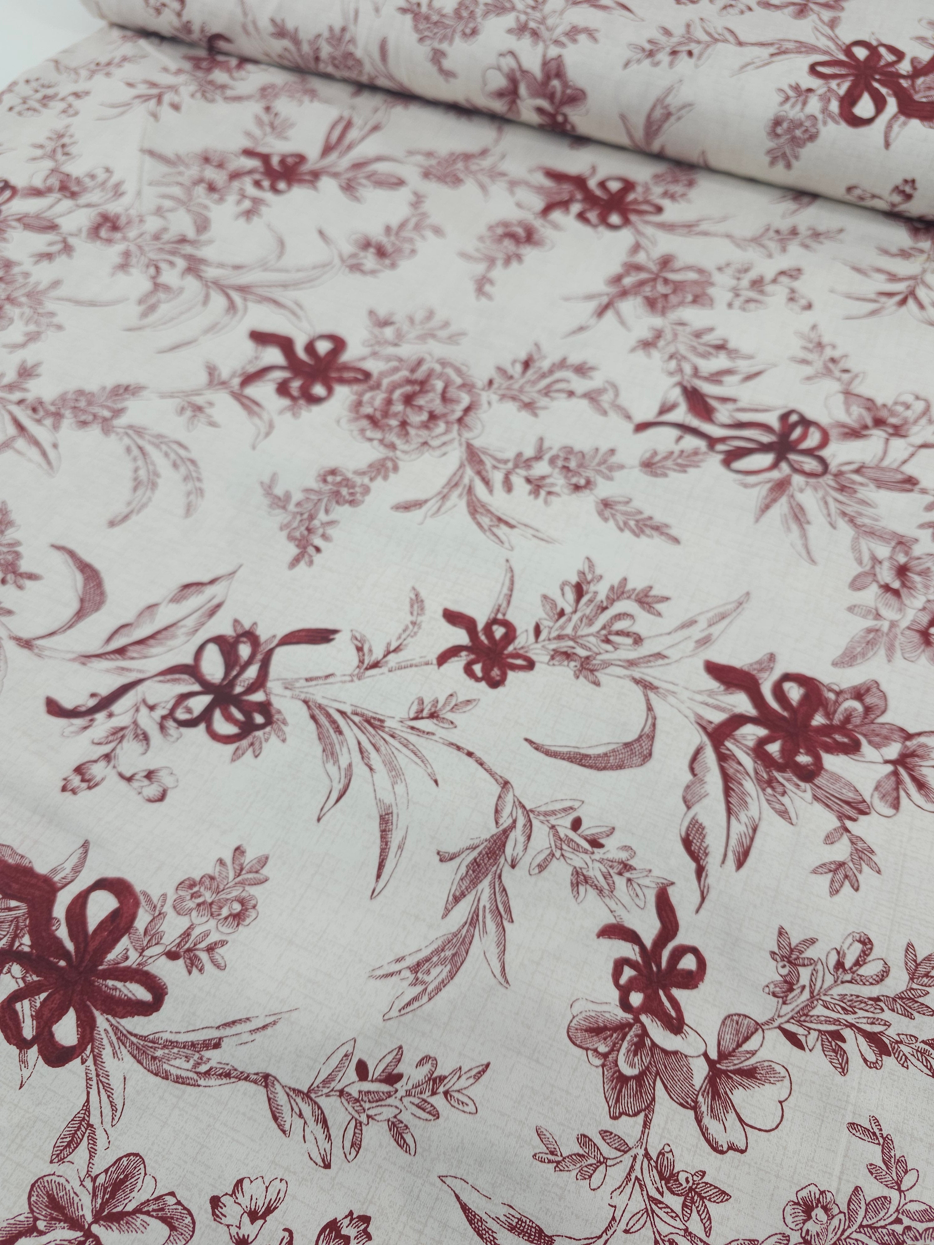 Burgandy Bow Floral Sketch 100% Cotton 104” *EXTRA WIDE*