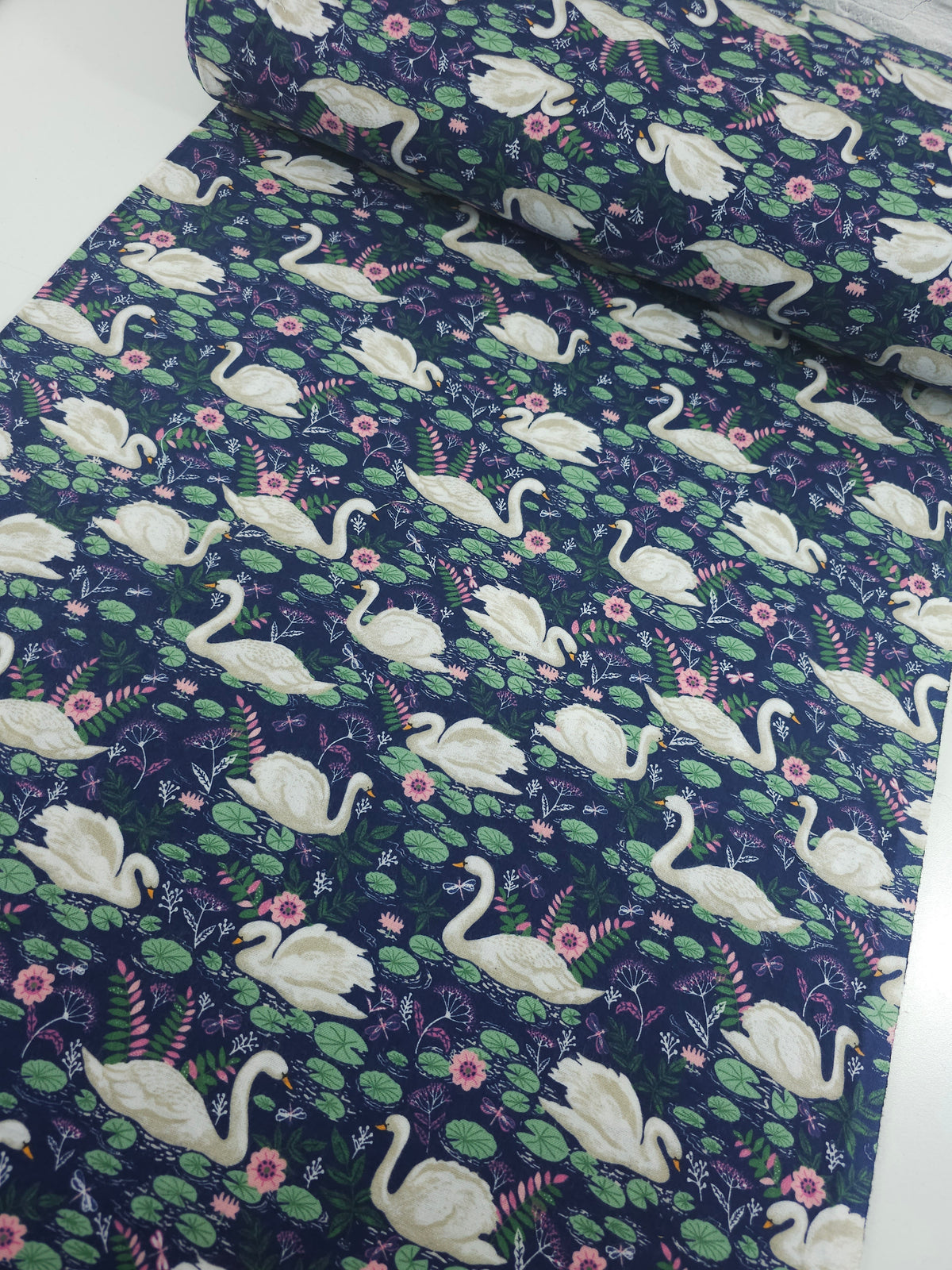 Navy Curious Swans Lightweight Flannel Cotton - Joann