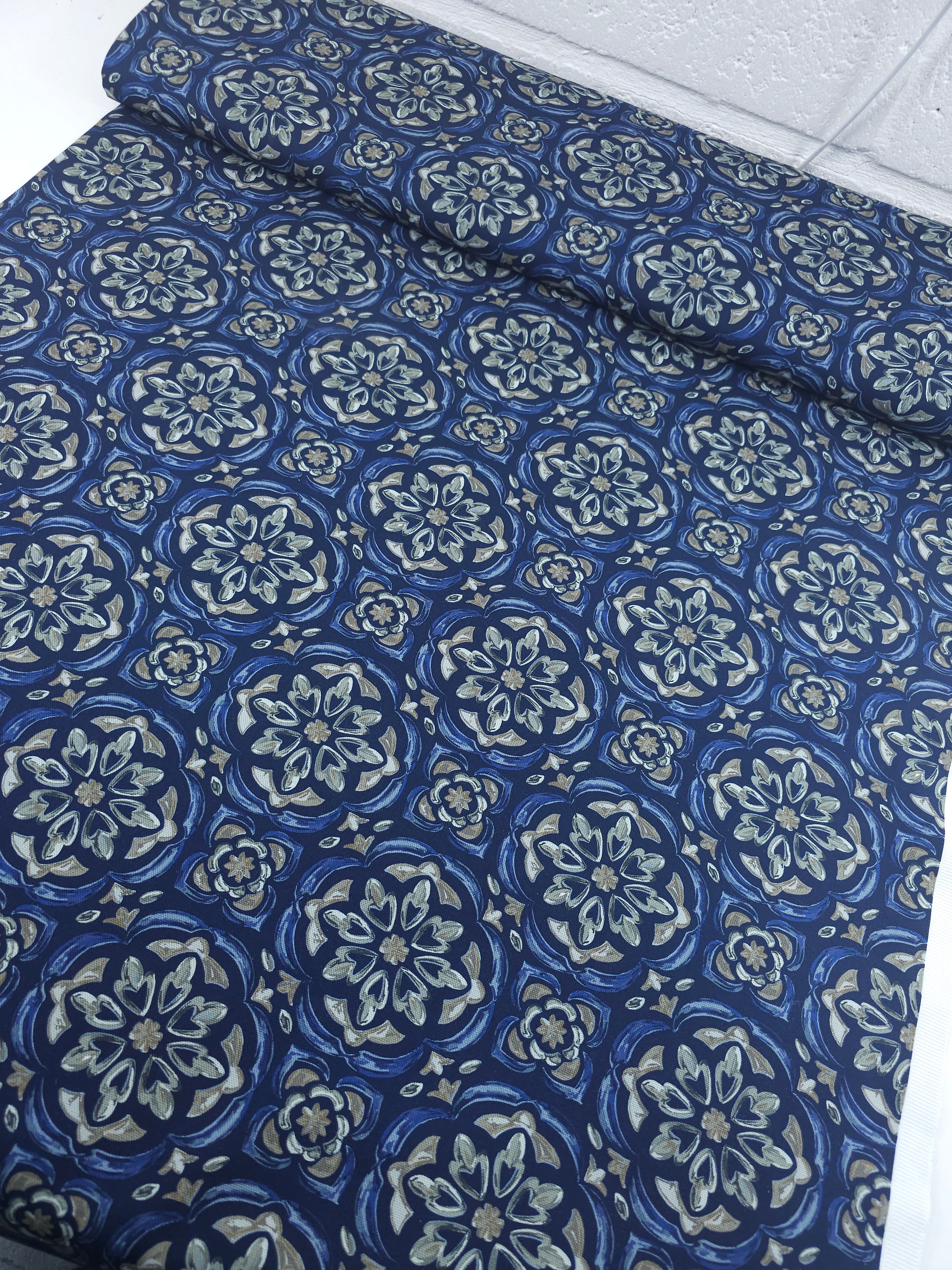Navy Blue Tile Medallion Canvas Cotton