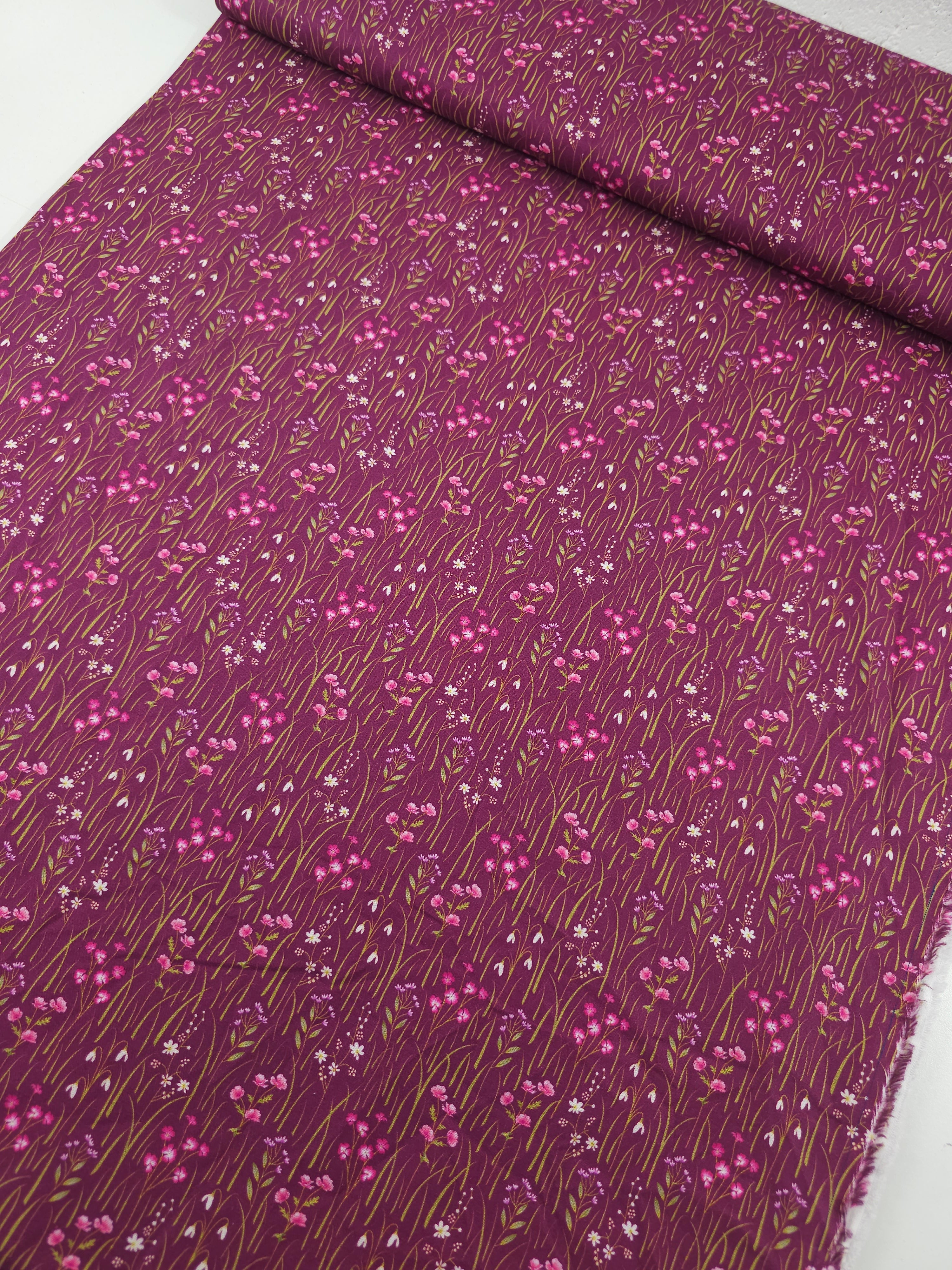 Plum Floral Stem Meadow 100% Cotton