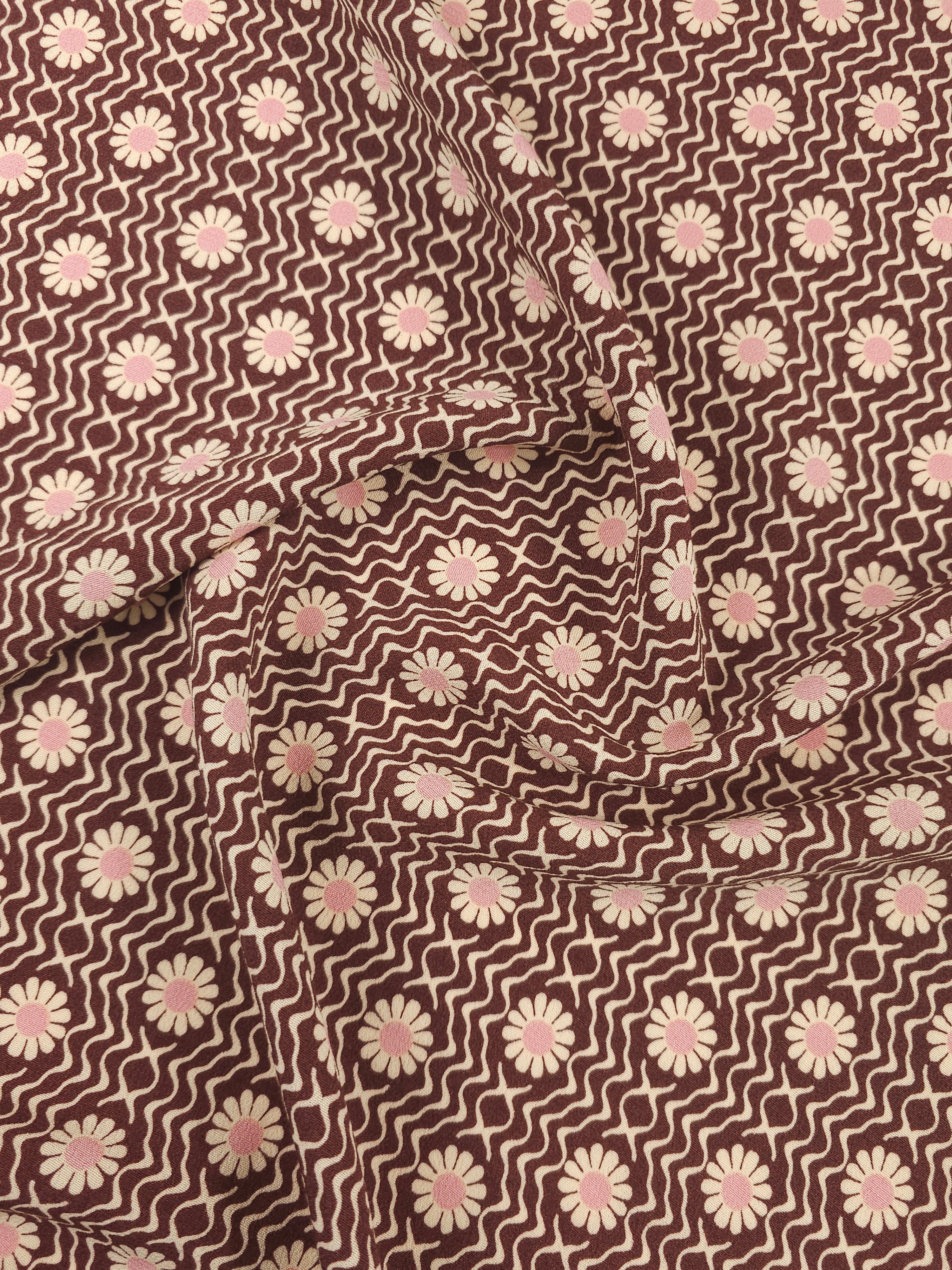 Brown/Pink Daisy Wave Viscose Crepe