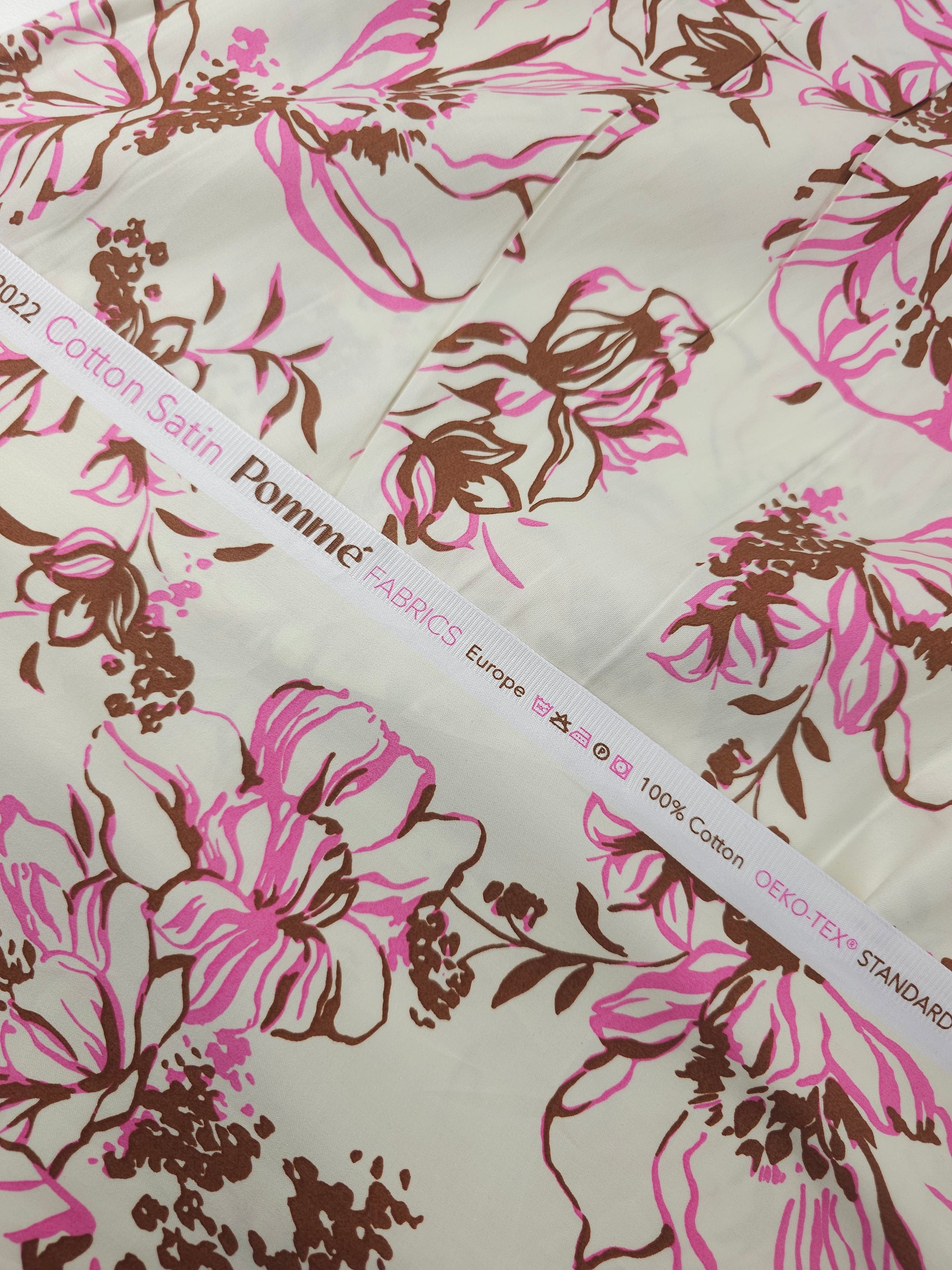 Fuchsia Pink/Brown Sketch Floral Cotton Satin 57"