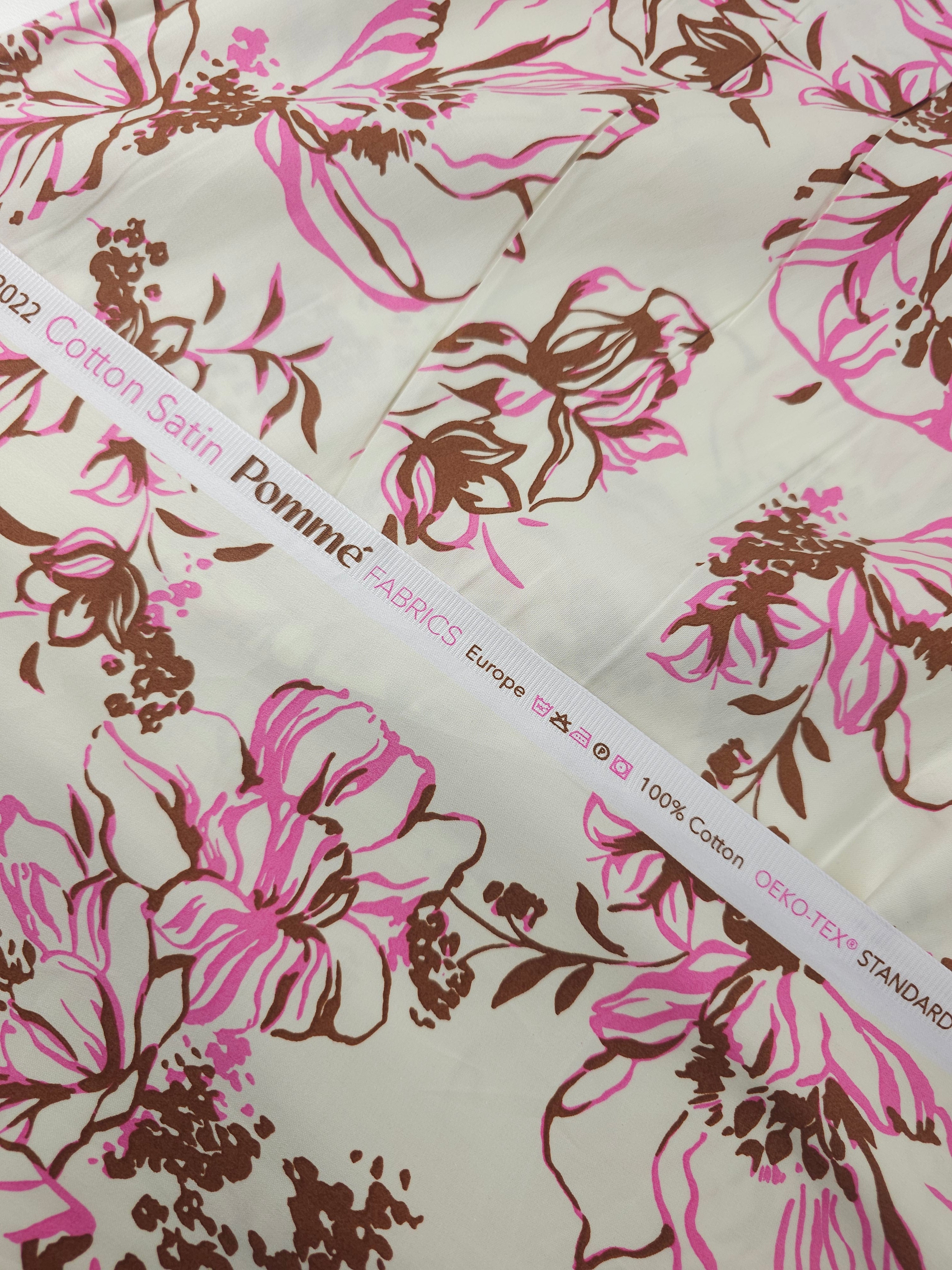 Fuchsia Pink/Brown Sketch Floral Cotton Satin 57"