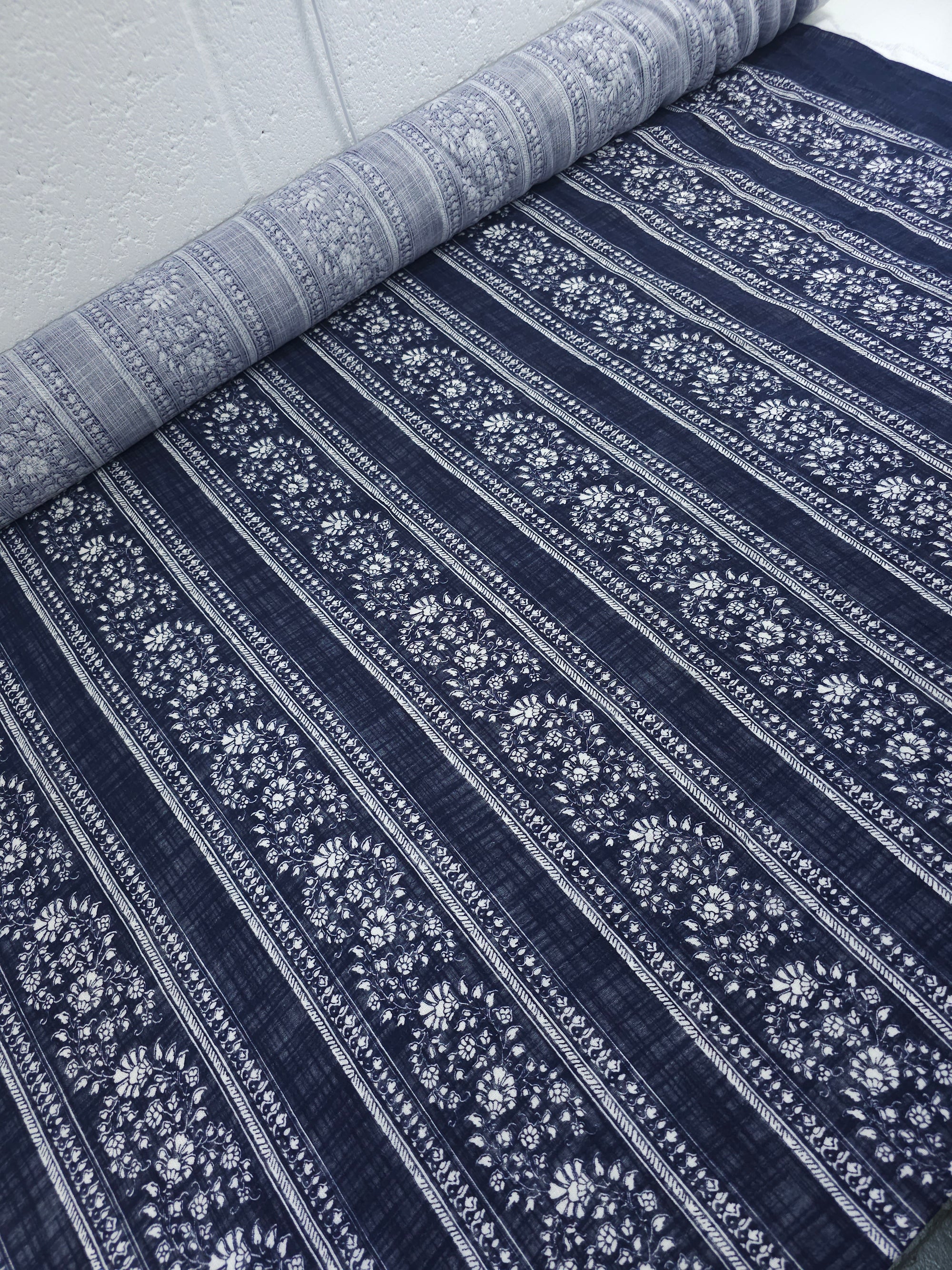 Navy Floral Stripe Cotton Flax