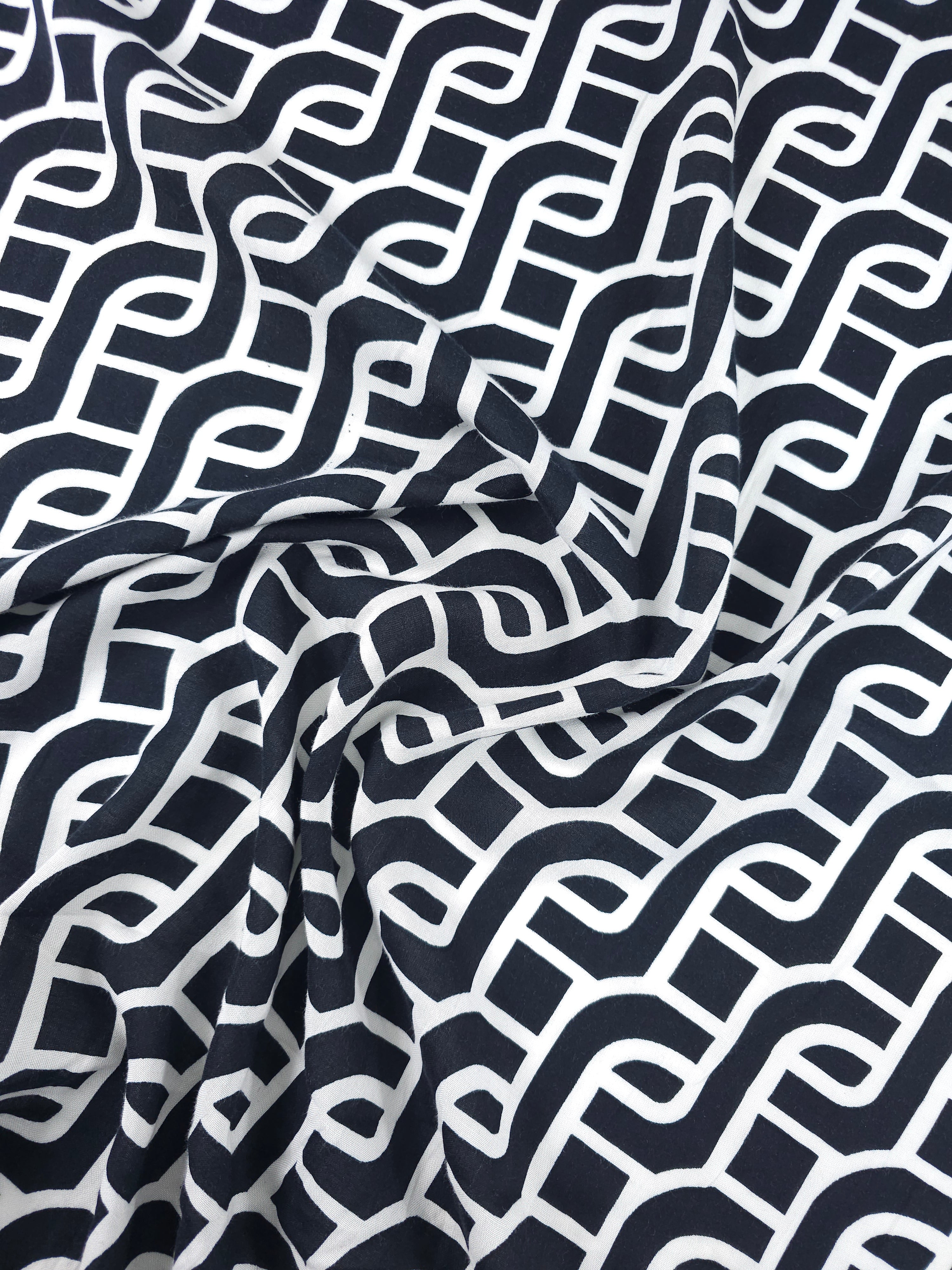 Black/Off-White Geometric Step Link Viscose Challis