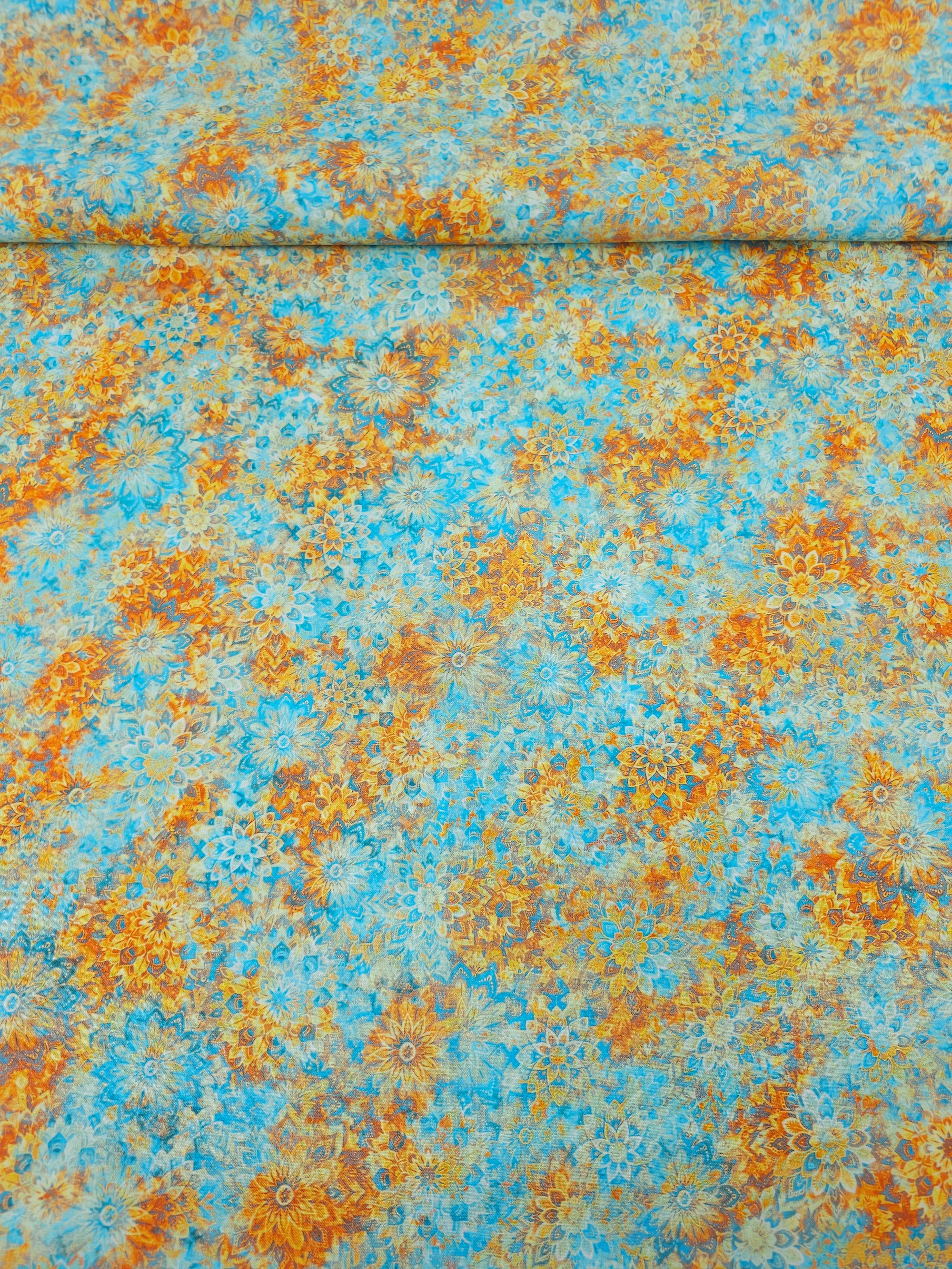 Light Blue/Orange Dancing Dahlias Kaleidoscope 100% Cotton 106" *EXTRA WIDE*