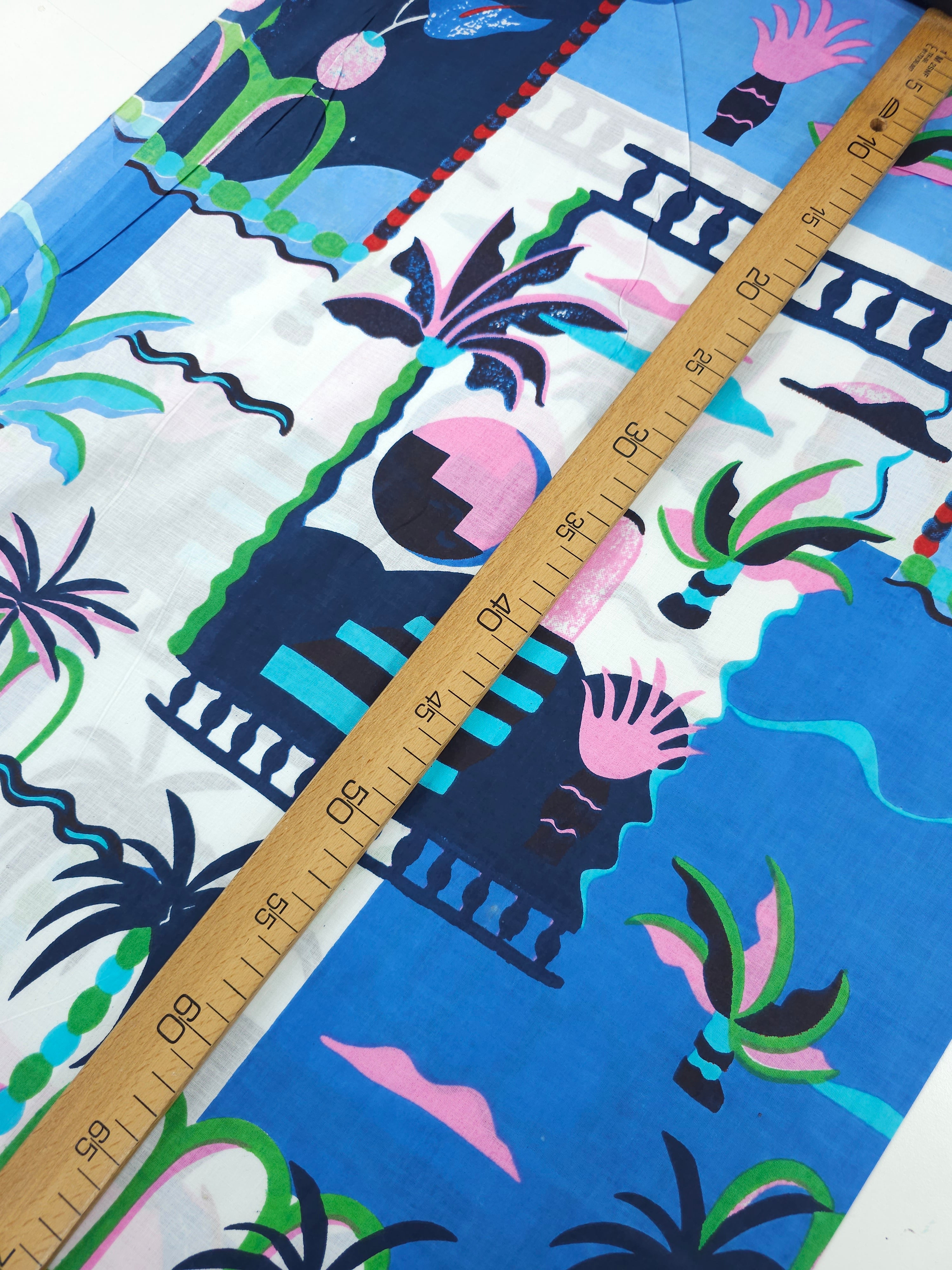 Blue/Pink Palm Tree Scenery Cambric Cotton