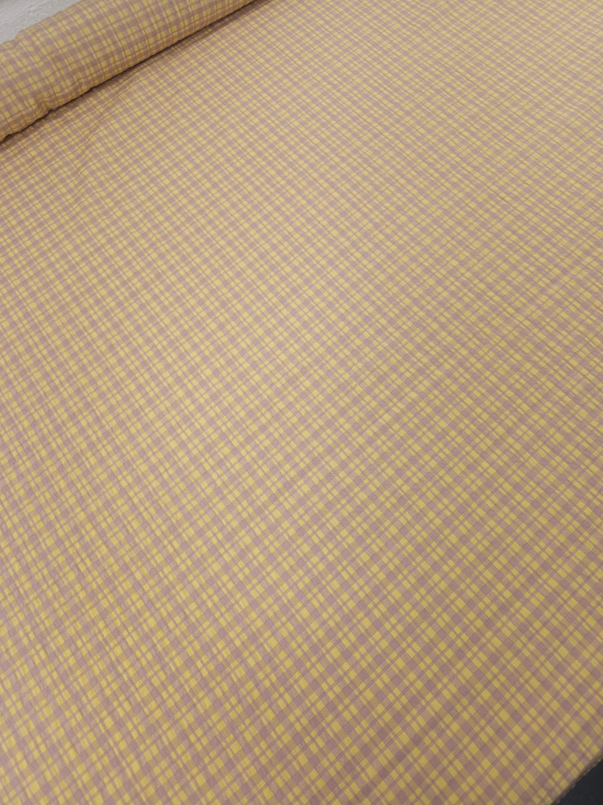 Mauve/Yellow Tartan Crinkle Cotton