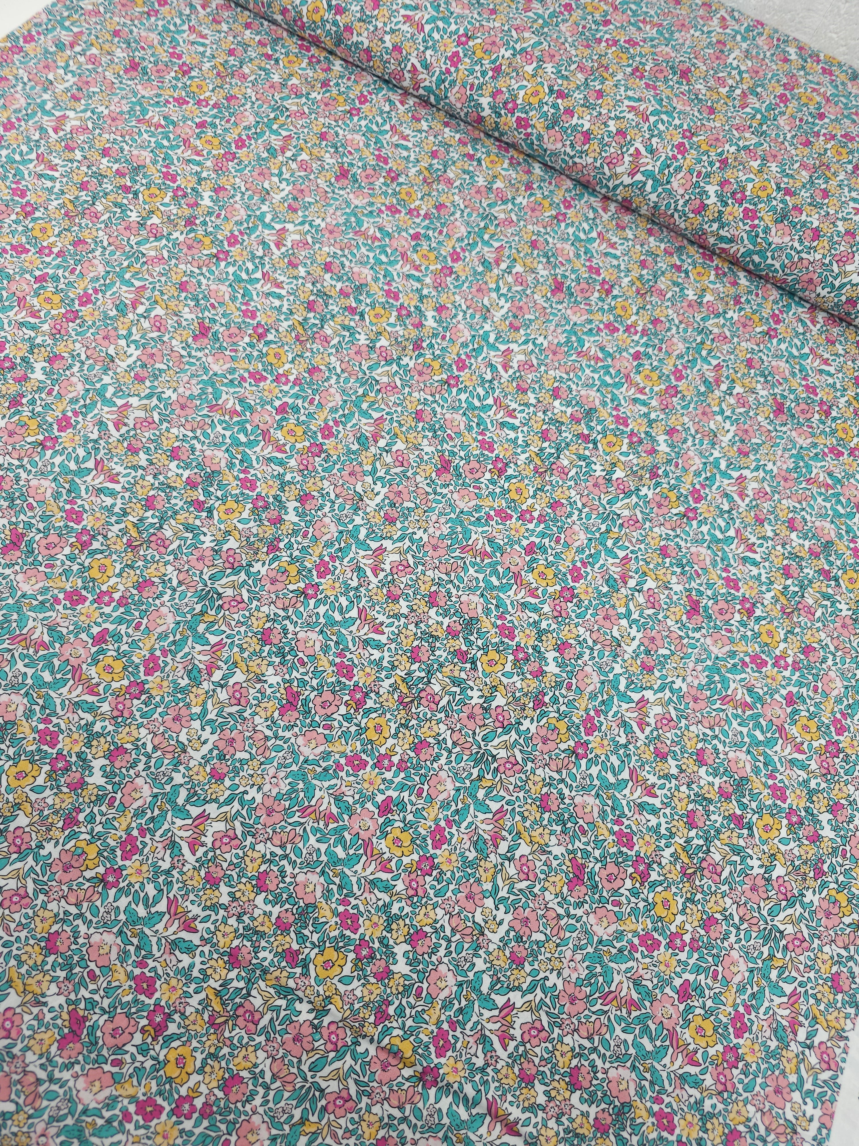 Pink/Turquoise Ditsy Watercolour Floral Party Lightweight Cotton 57"