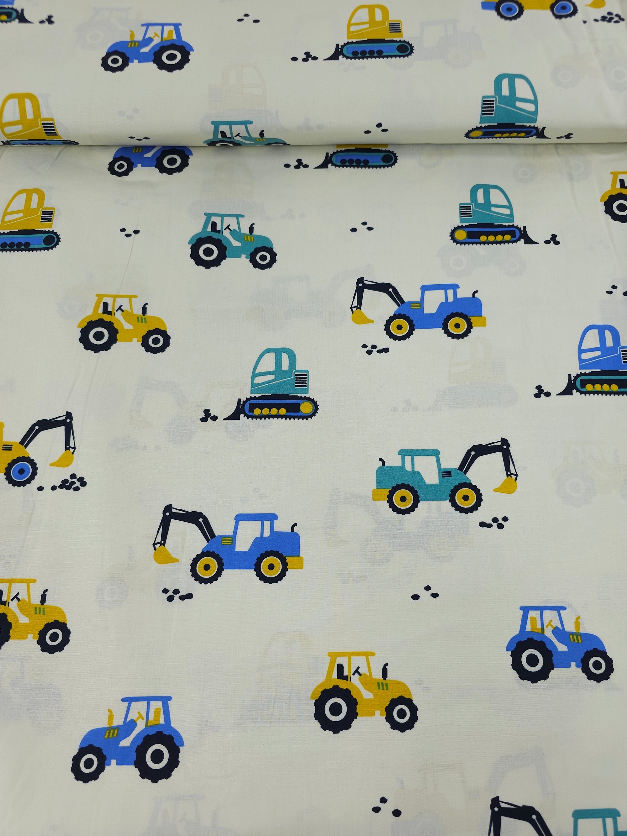 Yellow/Blue Tractors 100% Cotton 60" *DEFECT*