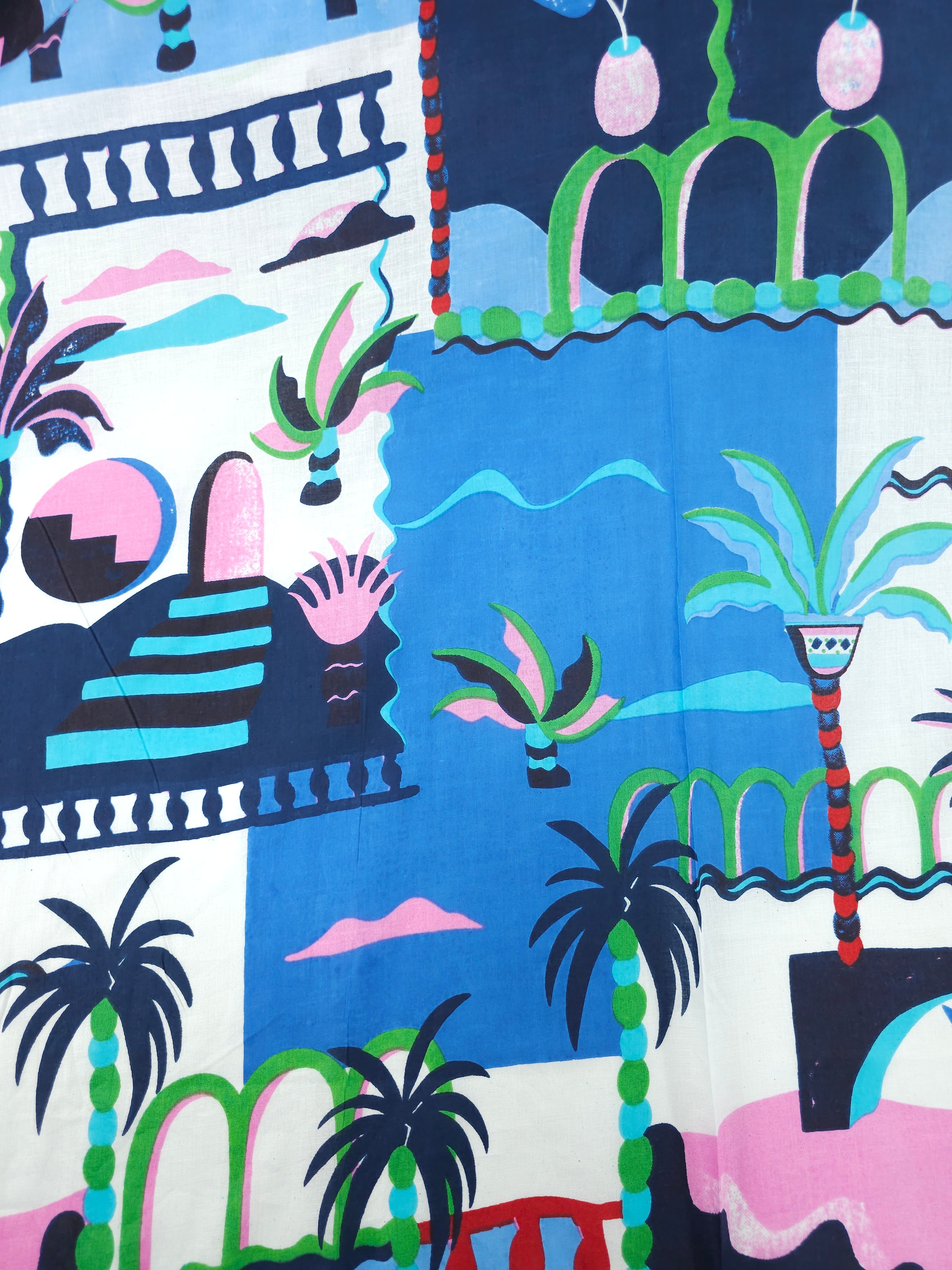 Blue/Pink Palm Tree Scenery Cambric Cotton