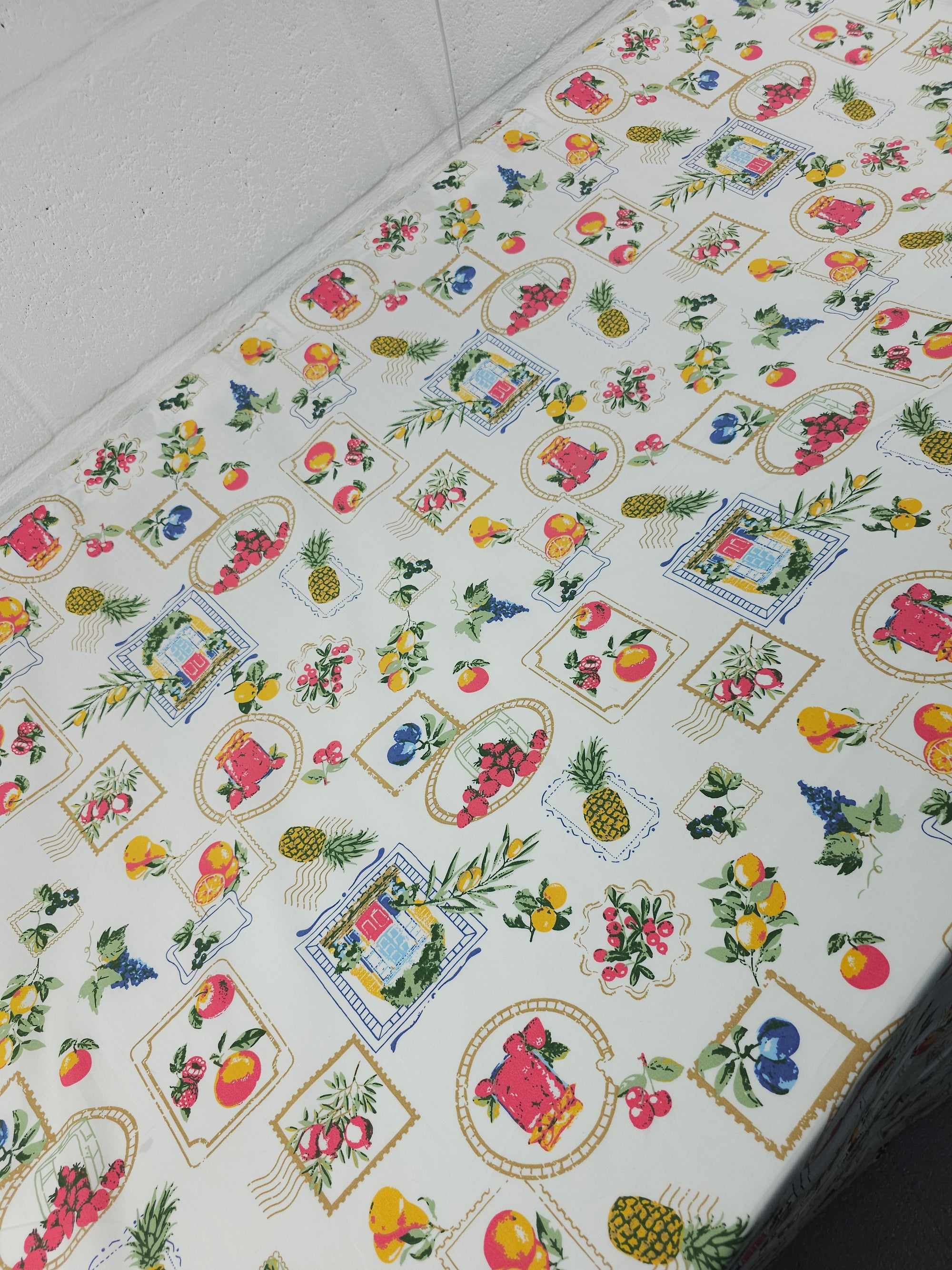 Retro Postcard Fruit Stamp Cotton Poplin