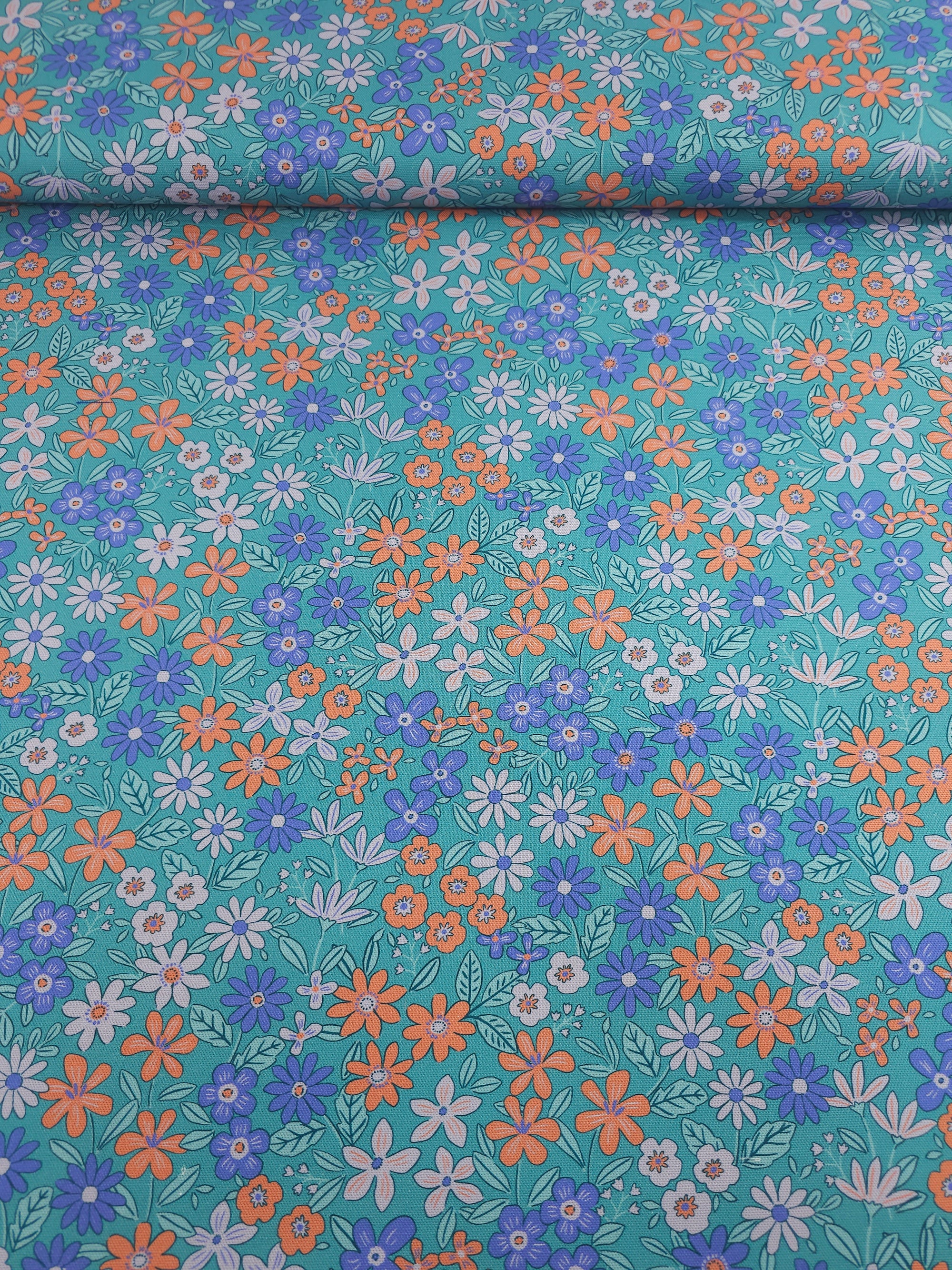 Teal Doodle Flower Bloom Canvas Cotton