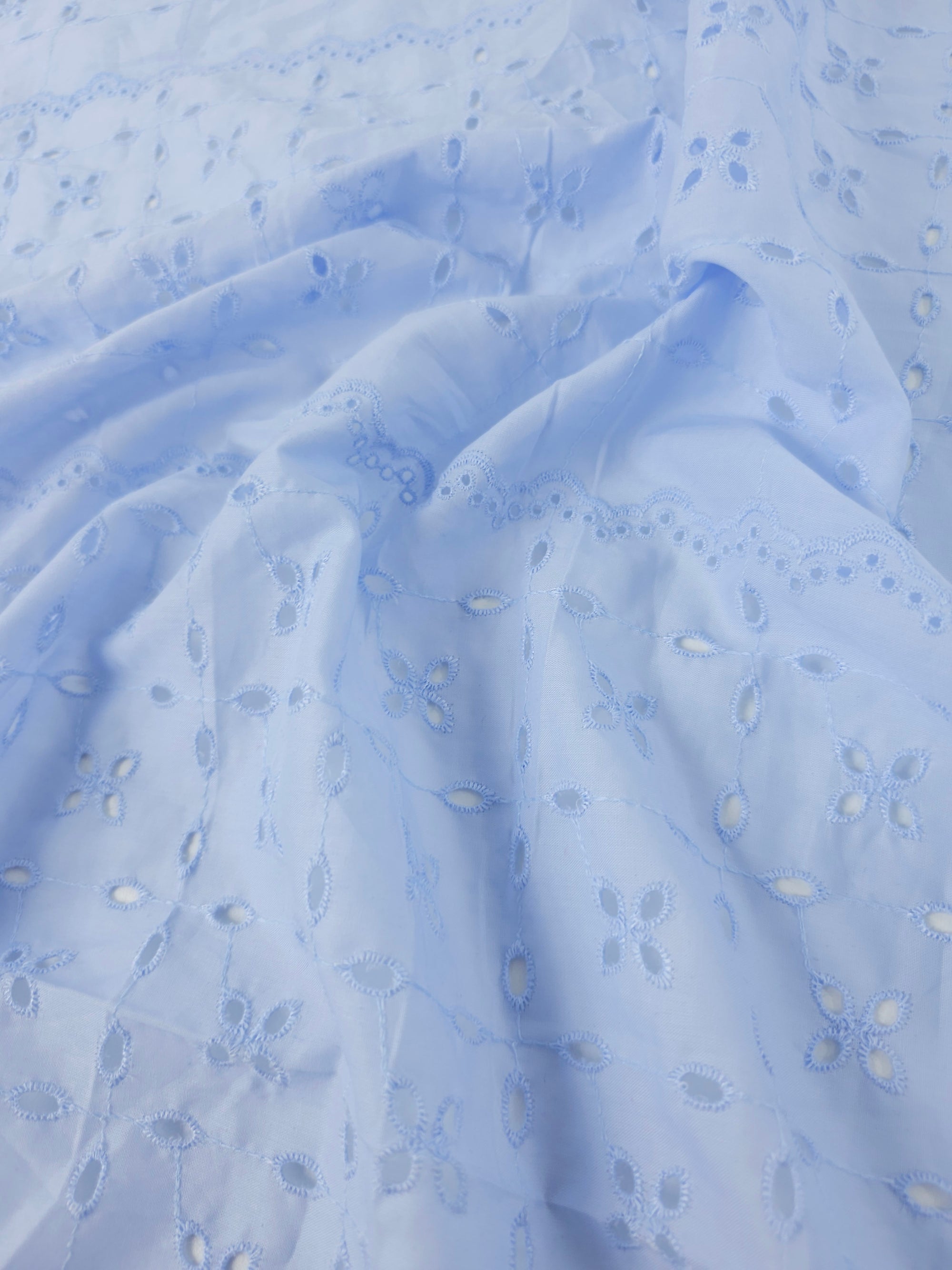 Baby Blue Floral Block Stripe Cambric Cotton Broderie Anglaise