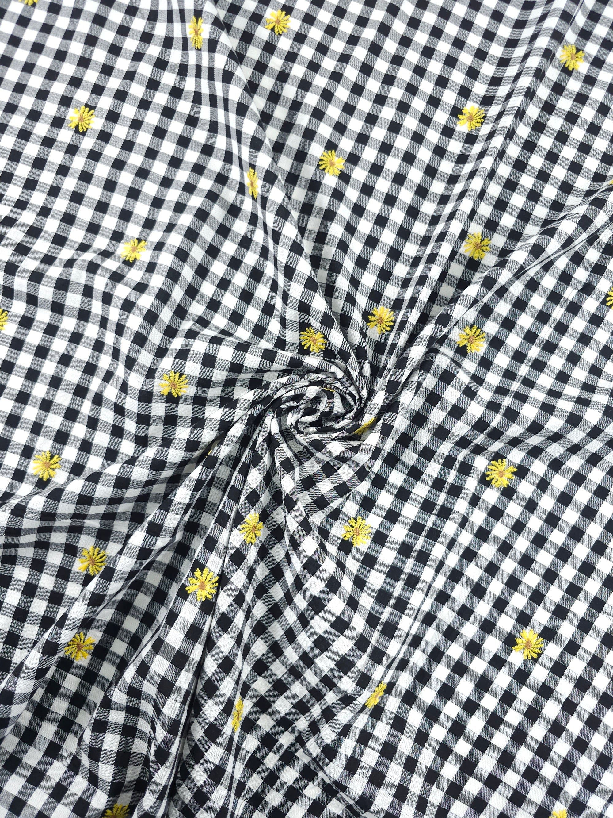 Black/Yellow Embroidered Daisy Gingham Lightweight Cotton