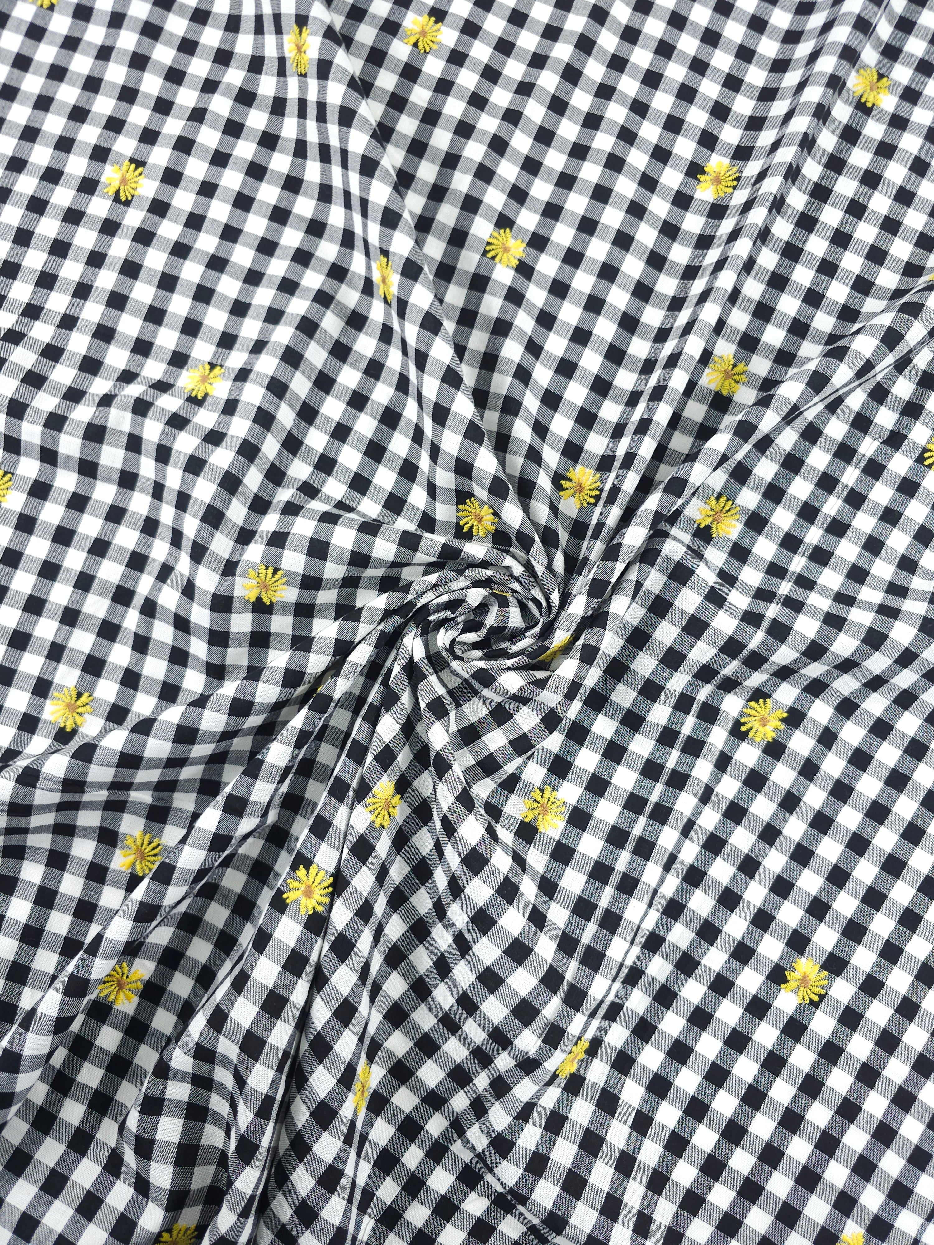 Black/Yellow Embroidered Daisy Gingham Lightweight Cotton