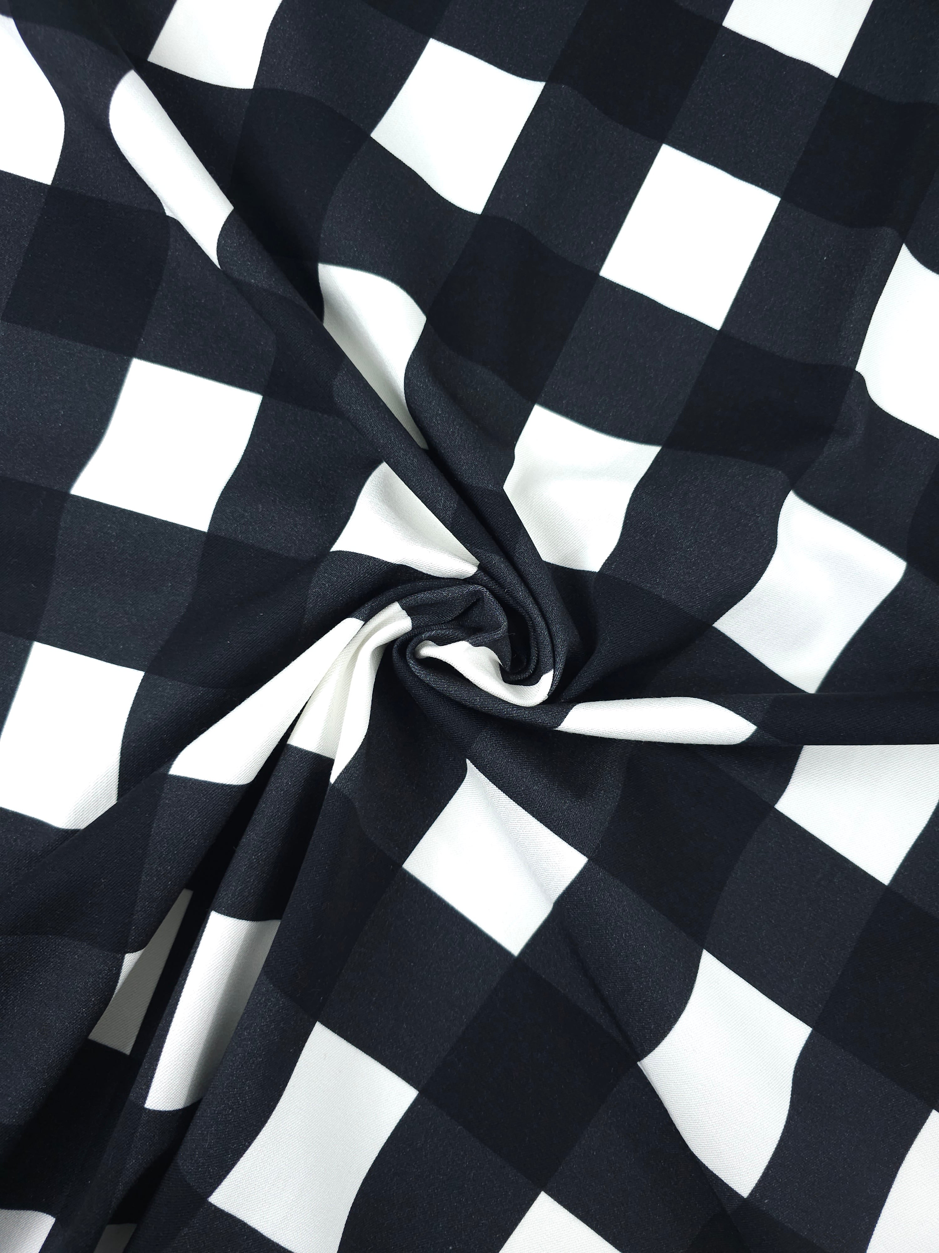 Black/White/Charcoal Square Check Brushed Cotton Twill
