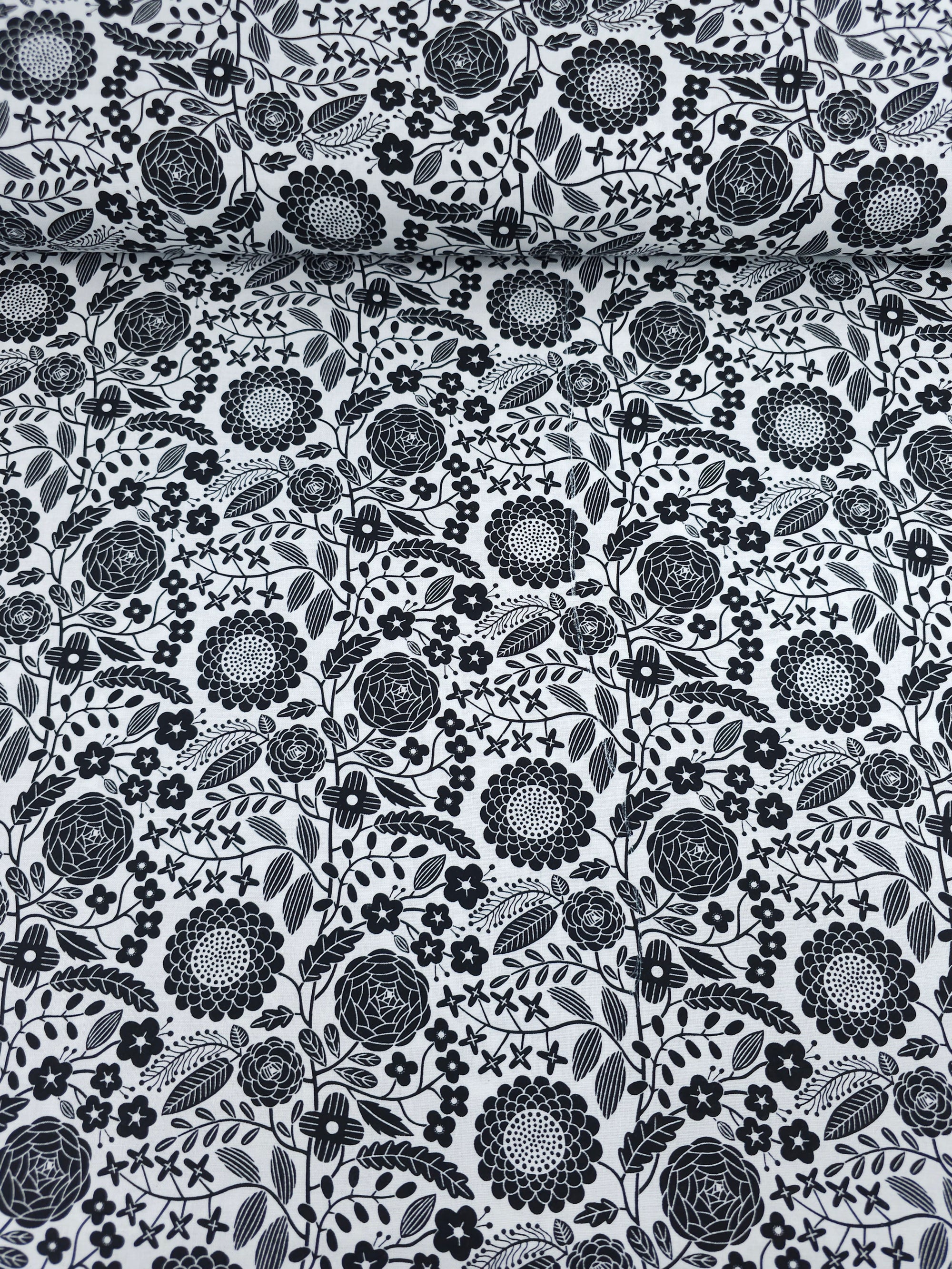 Black/White Floral Bloom 100% Cotton - Benartex *DEFECT*