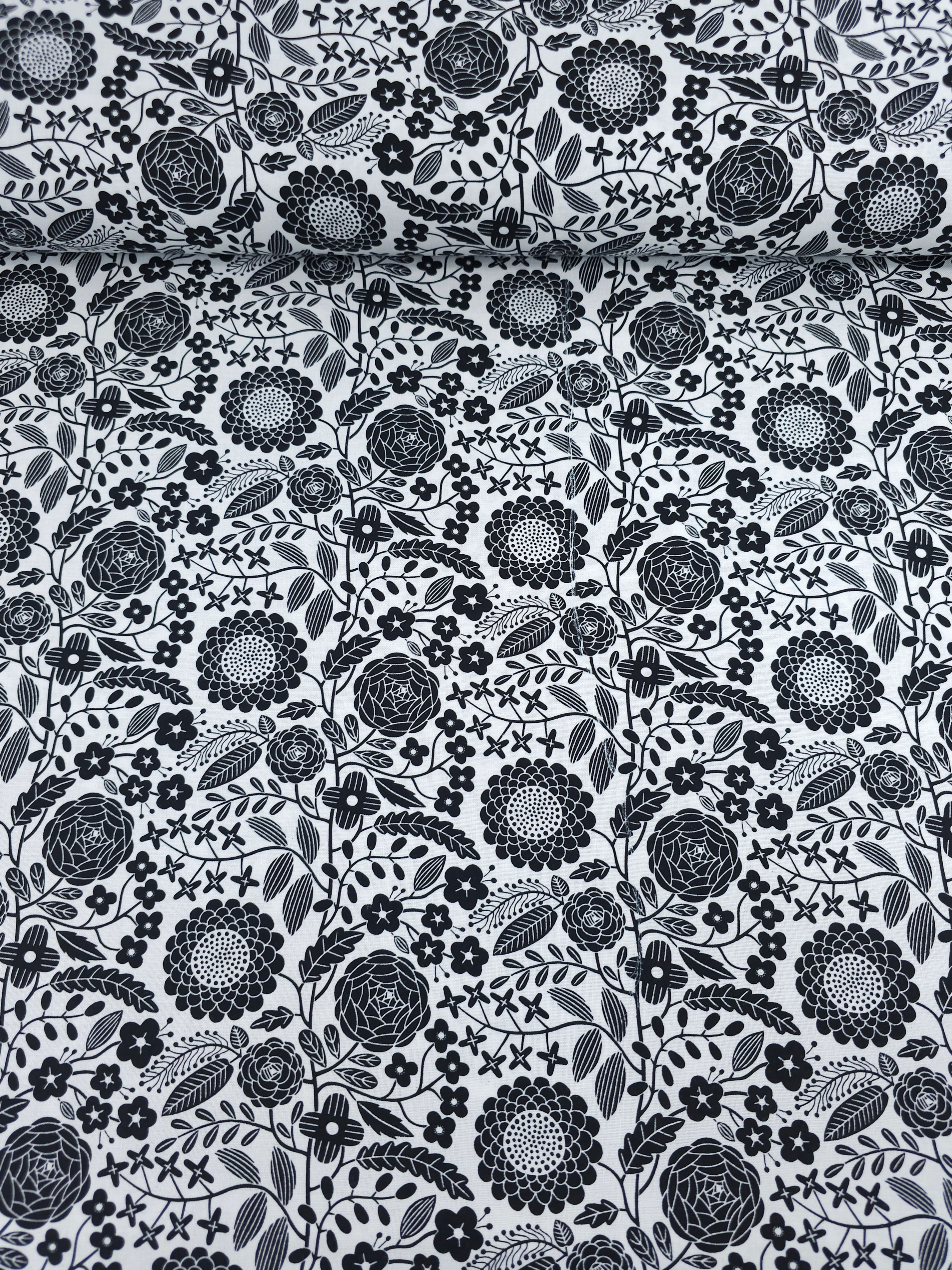 Black/White Floral Bloom 100% Cotton - Benartex *DEFECT*